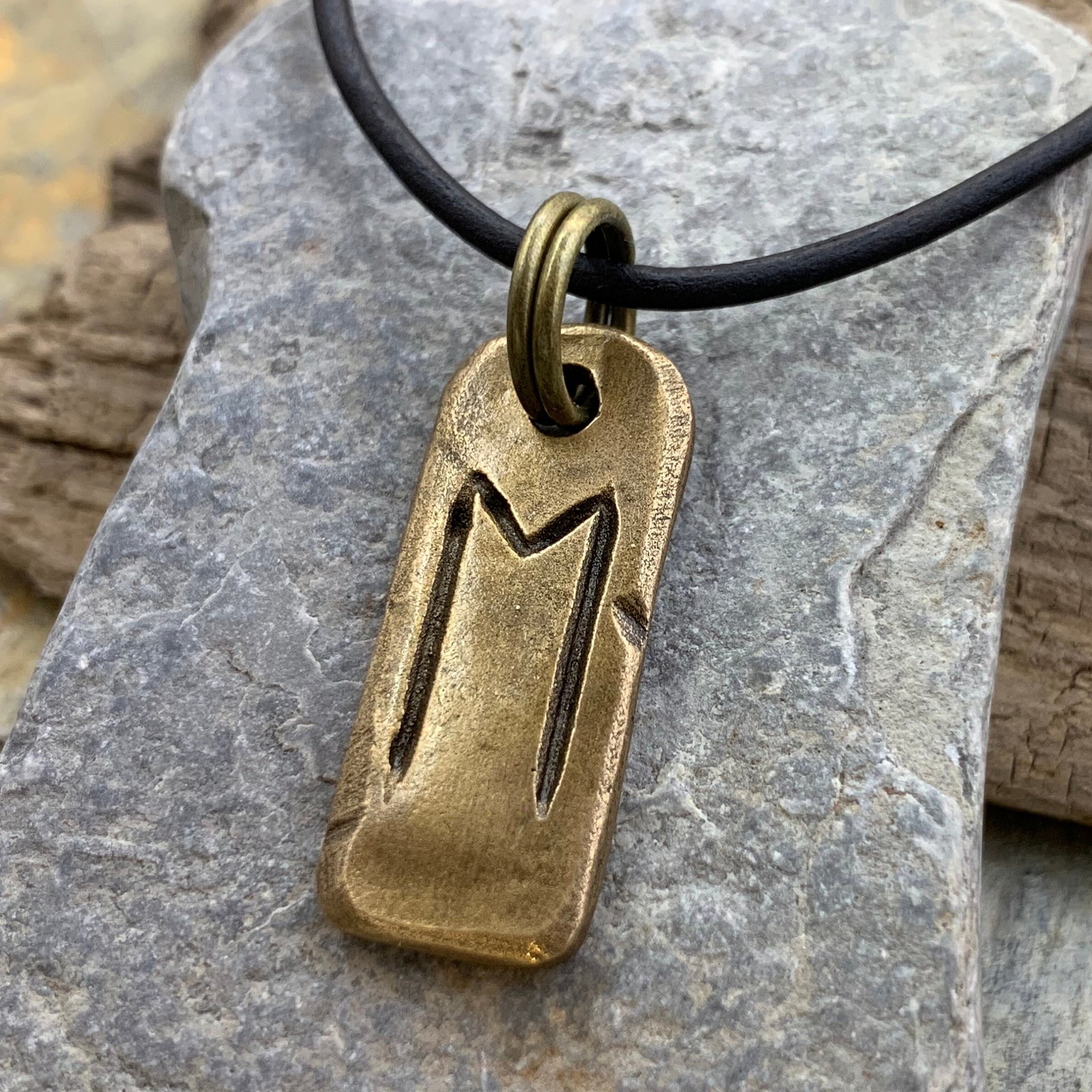 Ehwaz Rune, Bronze Rune Charm, Hand Carved, Viking Pendant for Men, Women, Ancient Pagan, Elder Futhark, Leather & Vegan Necklace Cords