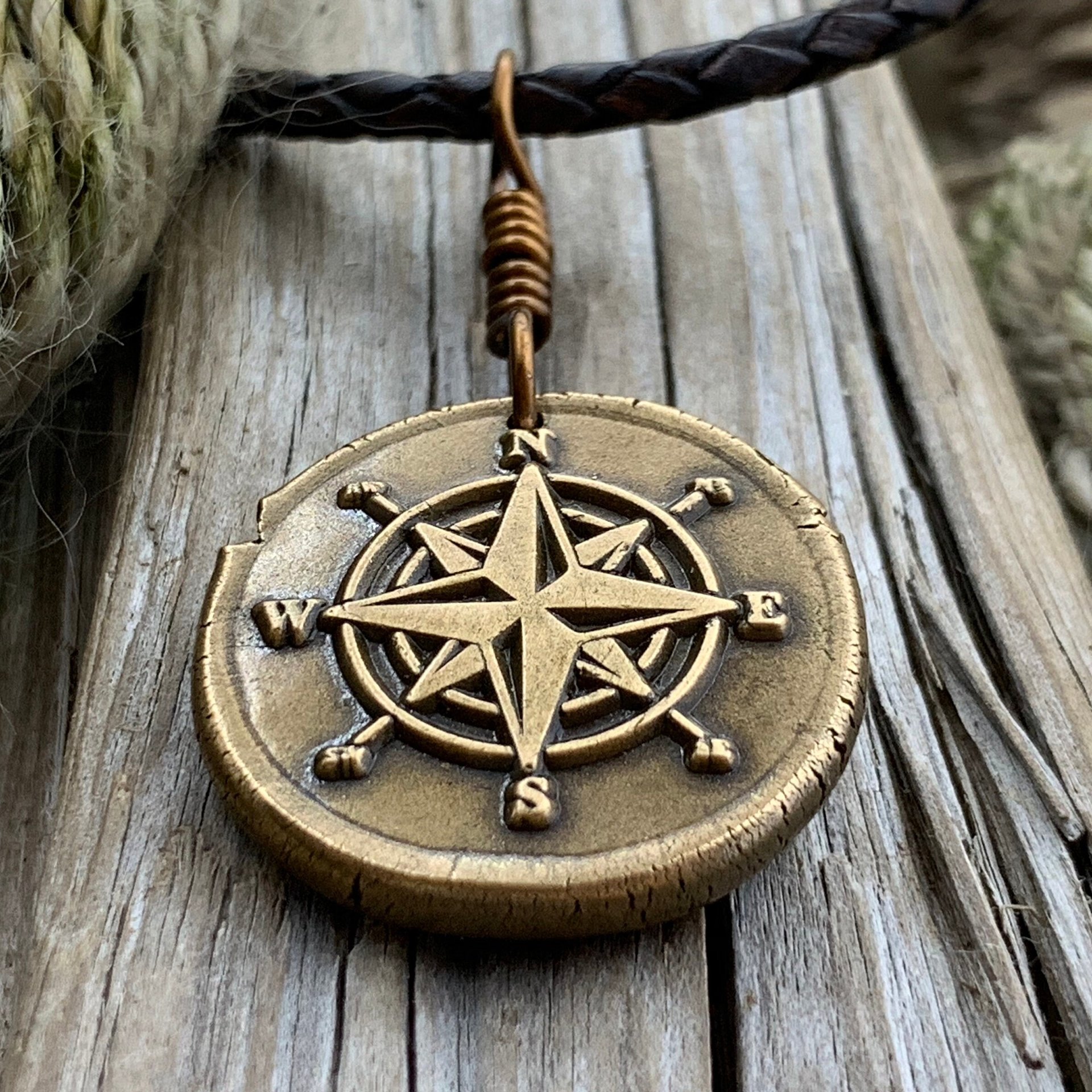 Compass Rose Charm, Bronze Compass Necklace, Nautical Sailing Gifts, Protection Guidance Talisman, Men's Jewelry, Grad Gifts, Handmade Art
