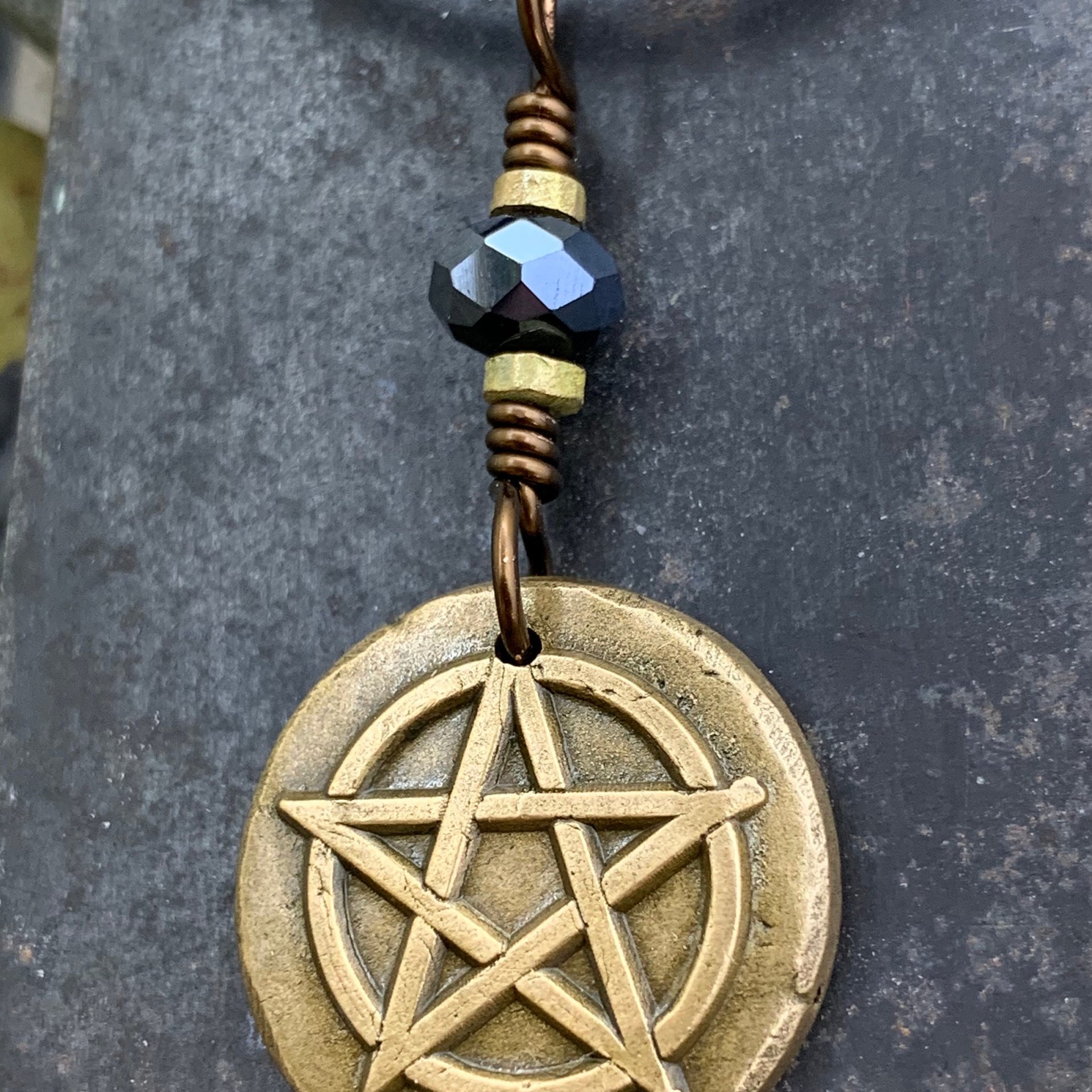 Pentagram Bronze Charm, Pentacle Pendant, Black Crystal Bead, Leather & Vegan Cords, Pagan Wicca, 5 Elements Star, Handmade, Witchy Things