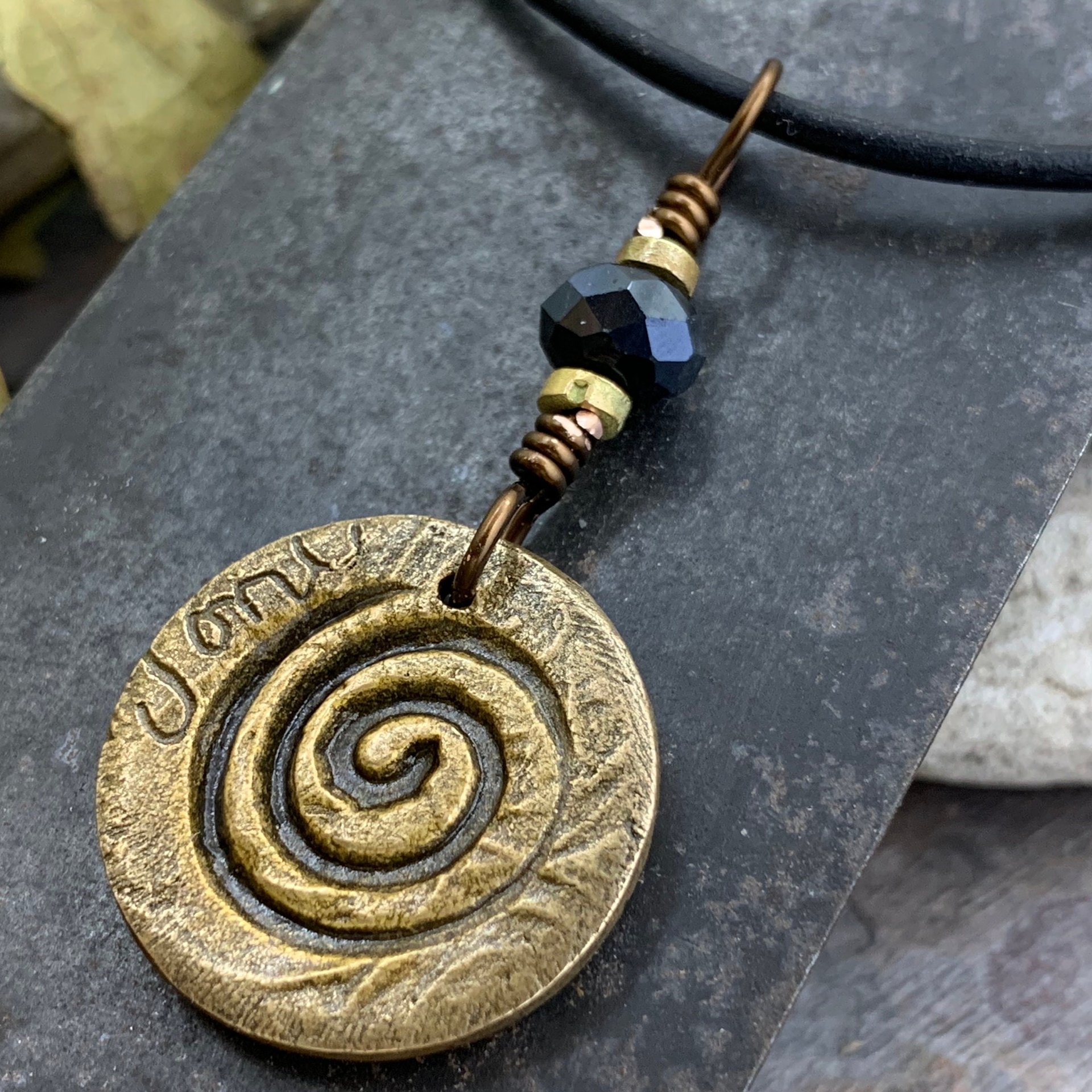 Pentagram Bronze Charm, Pentacle Pendant, Black Crystal Bead, Leather & Vegan Cords, Pagan Wicca, 5 Elements Star, Handmade, Witchy Things