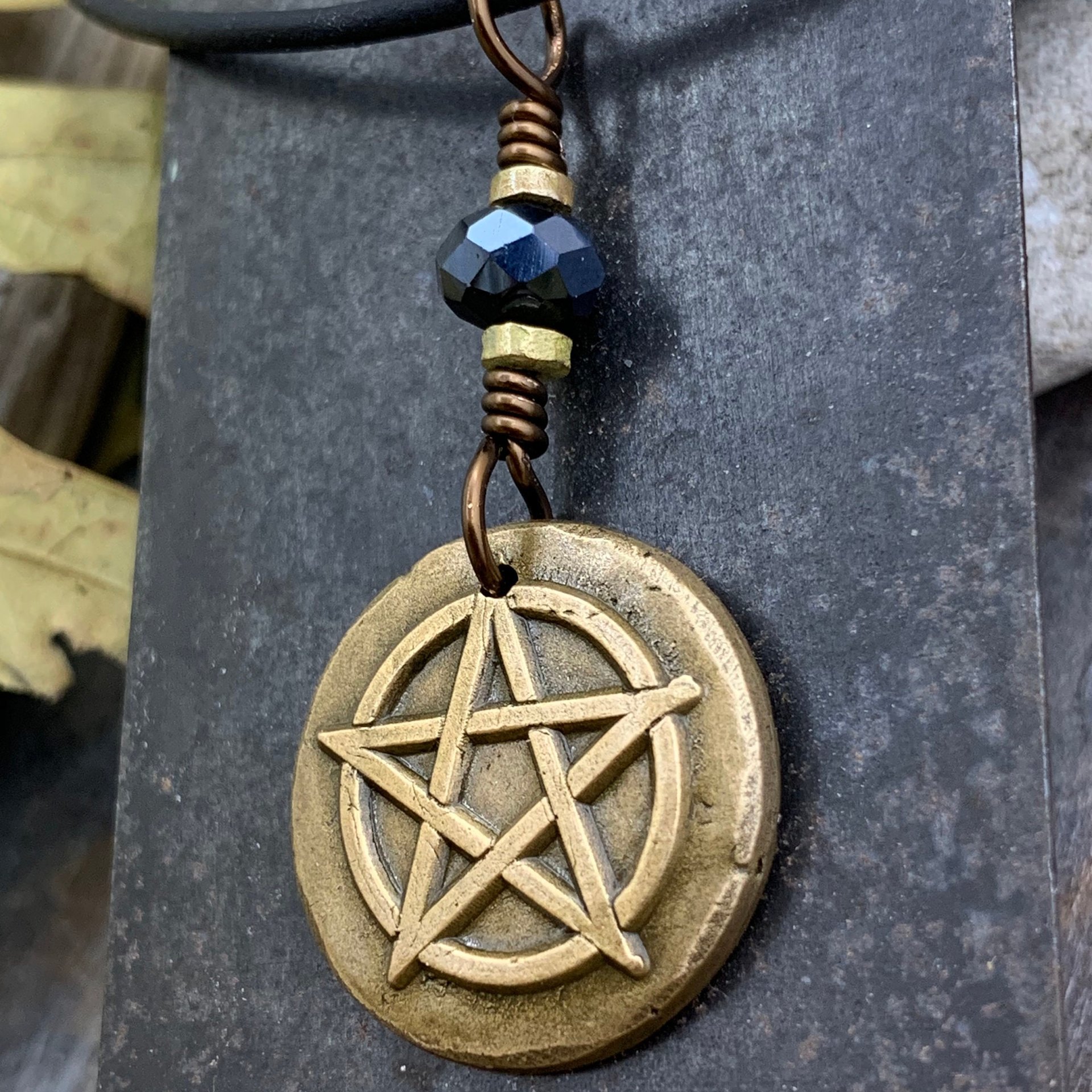 Pentagram Bronze Charm, Pentacle Pendant, Black Crystal Bead, Leather & Vegan Cords, Pagan Wicca, 5 Elements Star, Handmade, Witchy Things