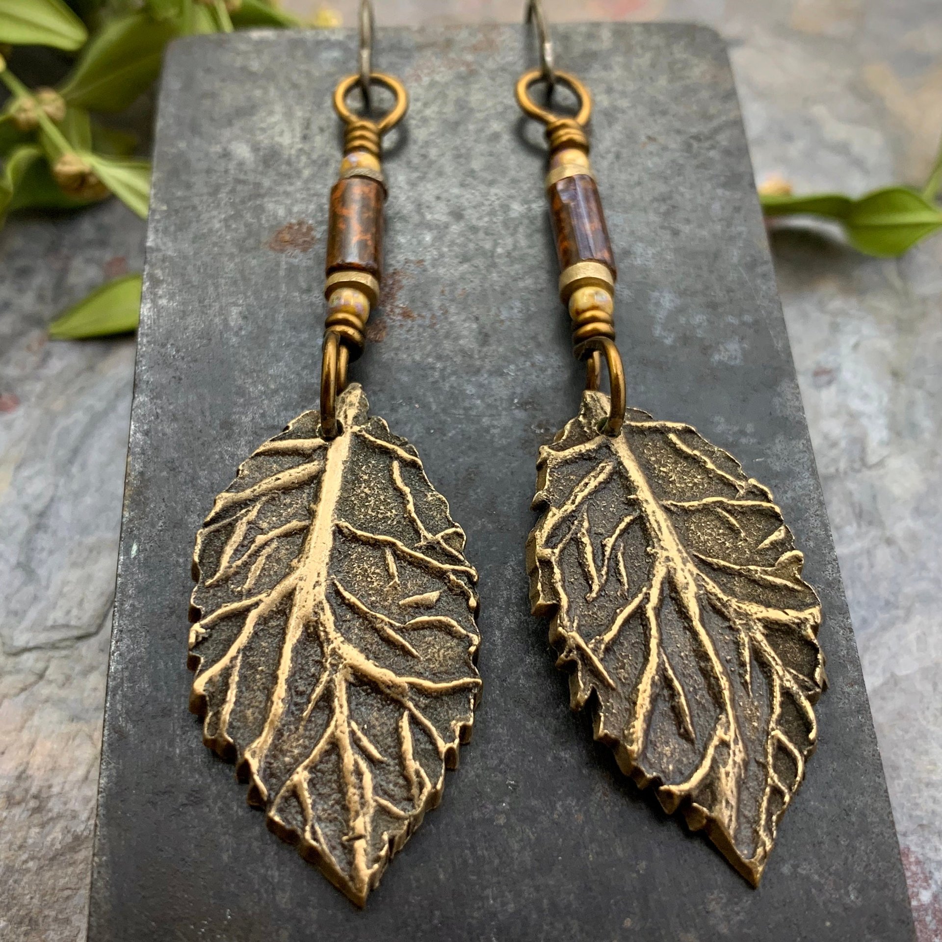 Birch Leaf Earrings, Bronze Leaves, Hand Carved Tree Branch, Czech Glass Beads, Pagan Wicca, Hypoallergenic Niobium, Soul Harbor Jewelry