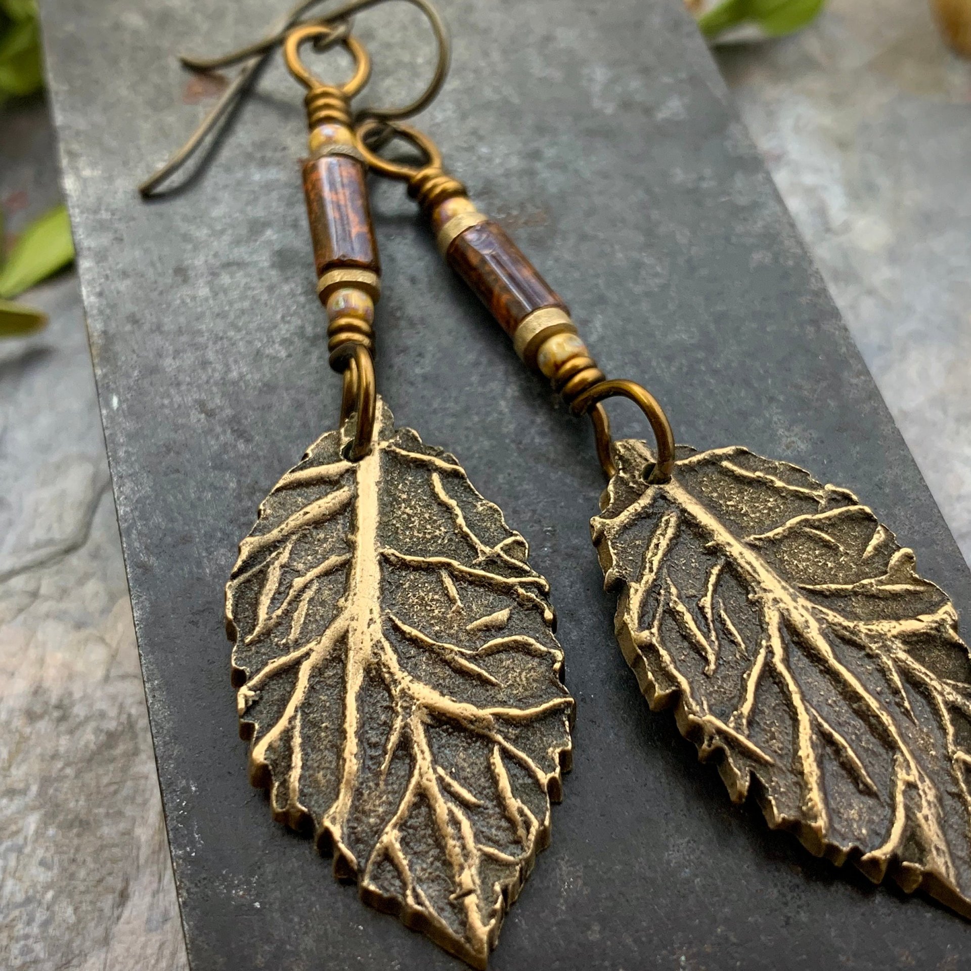 Birch Leaf Earrings, Bronze Leaves, Hand Carved Tree Branch, Czech Glass Beads, Pagan Wicca, Hypoallergenic Niobium, Soul Harbor Jewelry