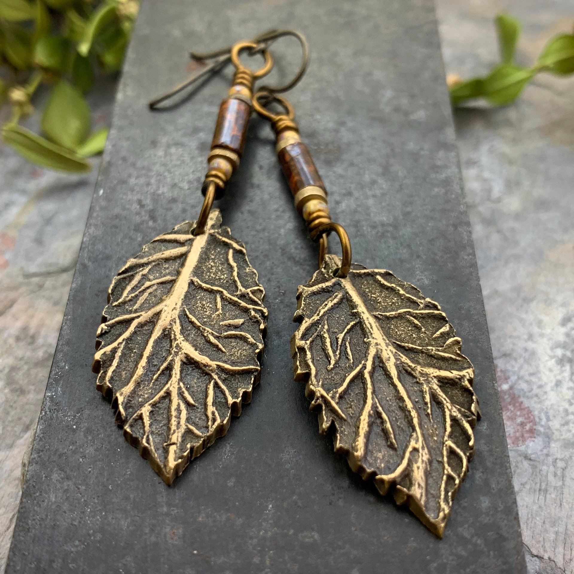 Birch Leaf Earrings, Bronze Leaves, Hand Carved Tree Branch, Czech Glass Beads, Pagan Wicca, Hypoallergenic Niobium, Soul Harbor Jewelry