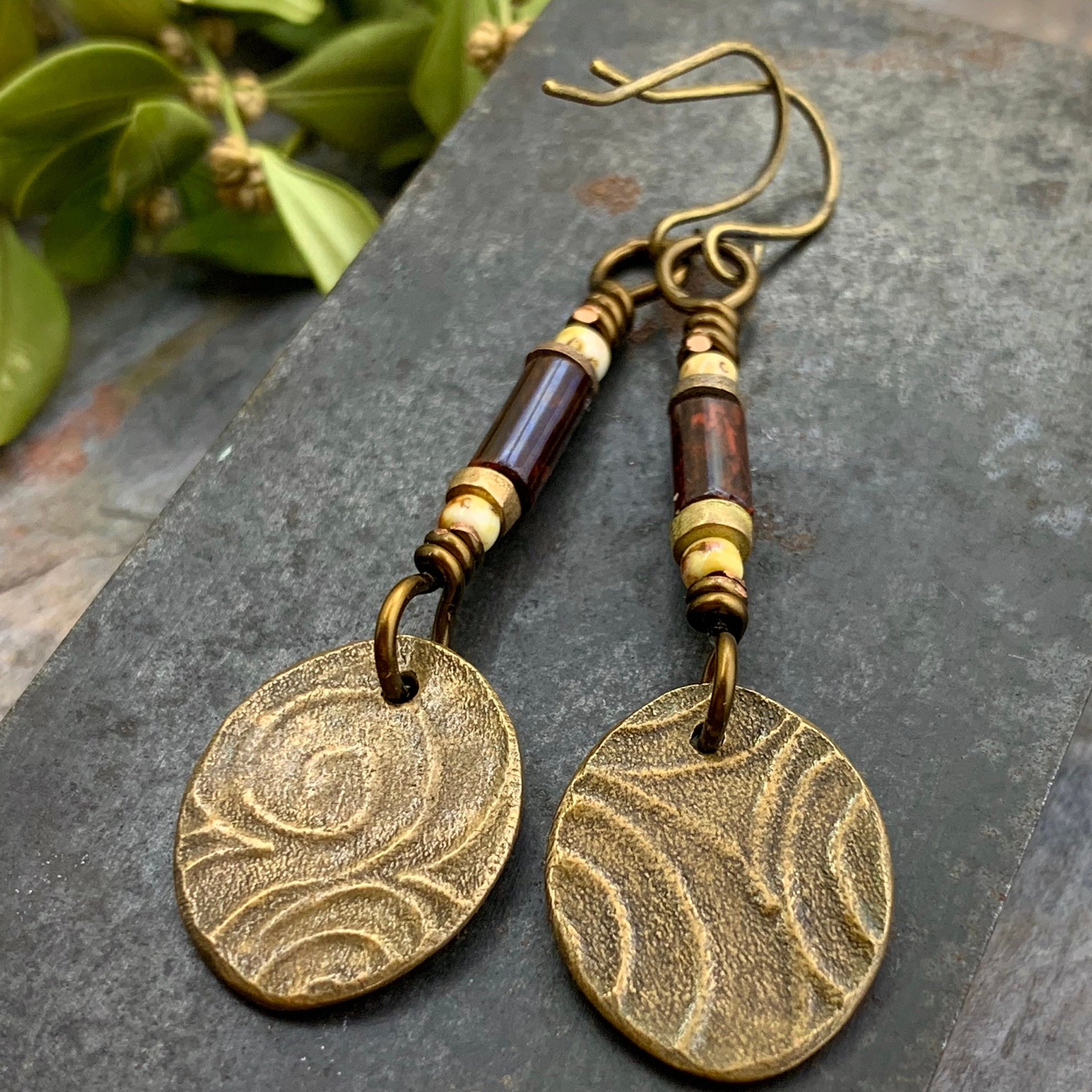 Tree of Life, Bronze Earrings, Czech Glass Beads, Hypoallergenic Ear Wires, Handmade, Art Jewelry, Wire Wrapped Beads, Oval Tree Dangles
