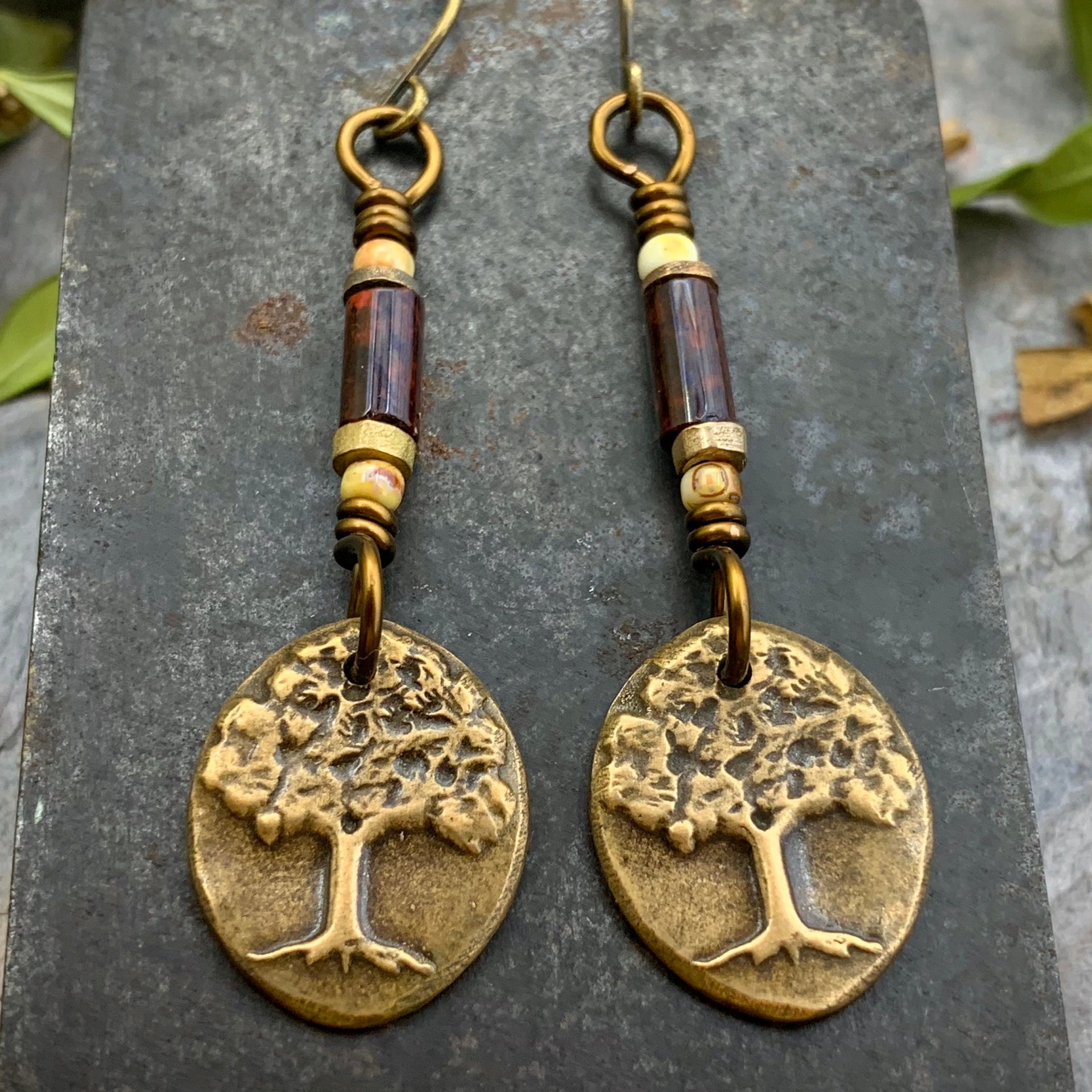 Tree of Life, Bronze Earrings, Czech Glass Beads, Hypoallergenic Ear Wires, Handmade, Art Jewelry, Wire Wrapped Beads, Oval Tree Dangles