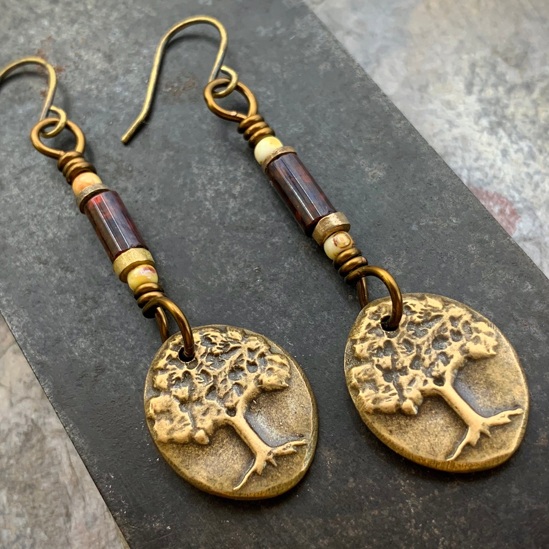 Tree of Life, Bronze Earrings, Czech Glass Beads, Hypoallergenic Ear Wires, Handmade, Art Jewelry, Wire Wrapped Beads, Oval Tree Dangles