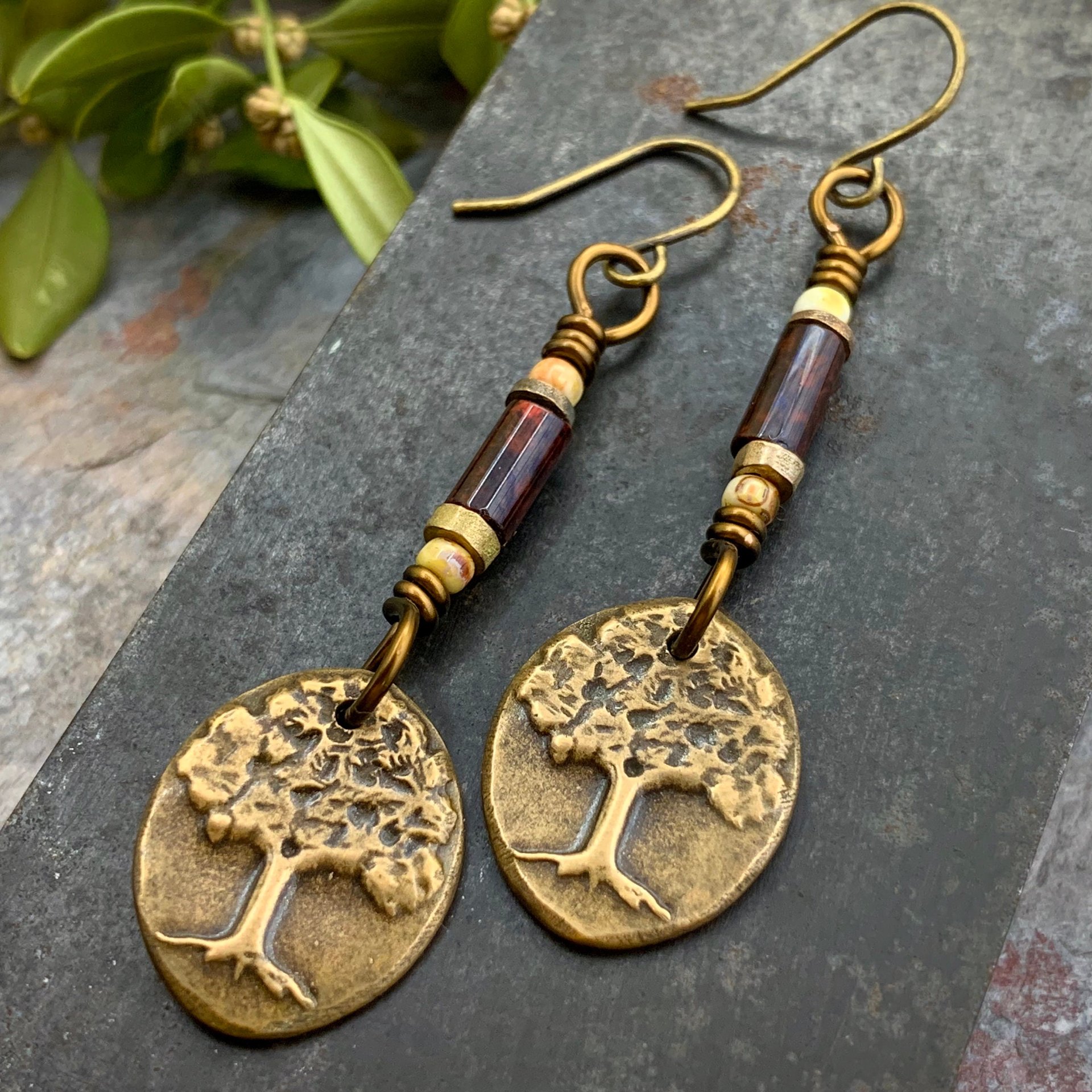 Tree of Life, Bronze Earrings, Czech Glass Beads, Hypoallergenic Ear Wires, Handmade, Art Jewelry, Wire Wrapped Beads, Oval Tree Dangles