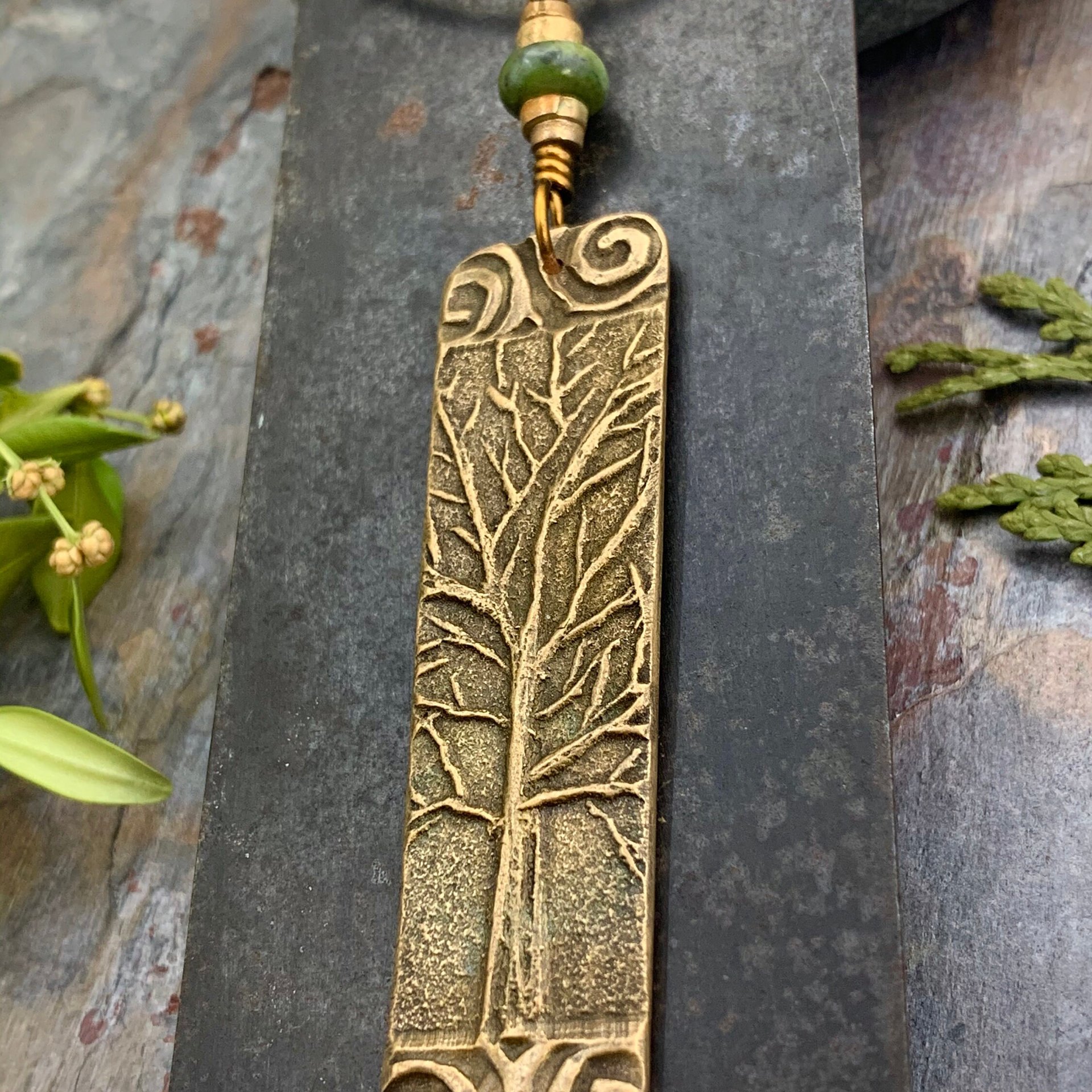 Tree of Life, Bronze Pendant, Connemara Marble, Irish Celtic Jewelry, Long Tree Necklace, Celtic Spirals, Hand Carved, Soul Harbor Jewelry