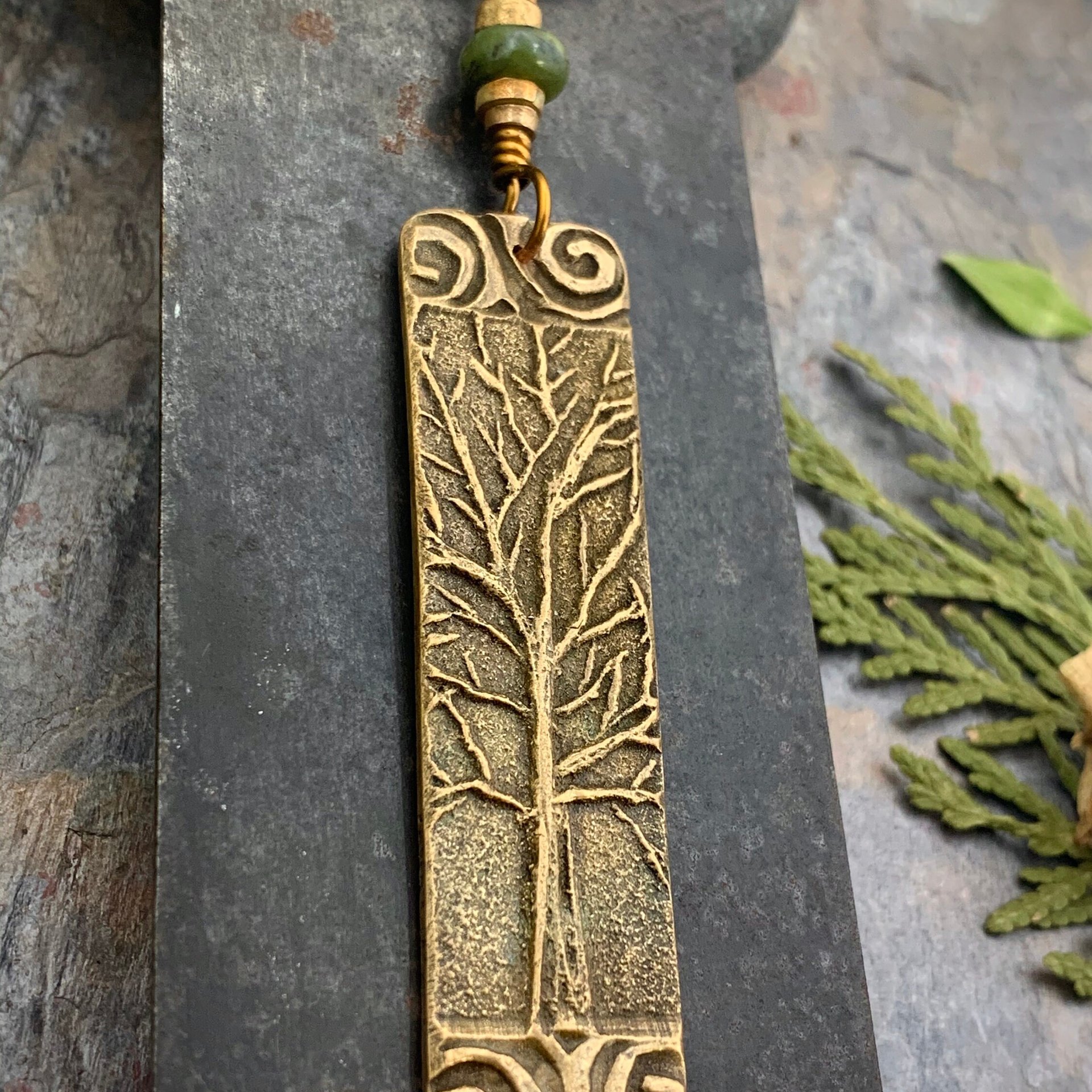 Tree of Life, Bronze Pendant, Connemara Marble, Irish Celtic Jewelry, Long Tree Necklace, Celtic Spirals, Hand Carved, Soul Harbor Jewelry