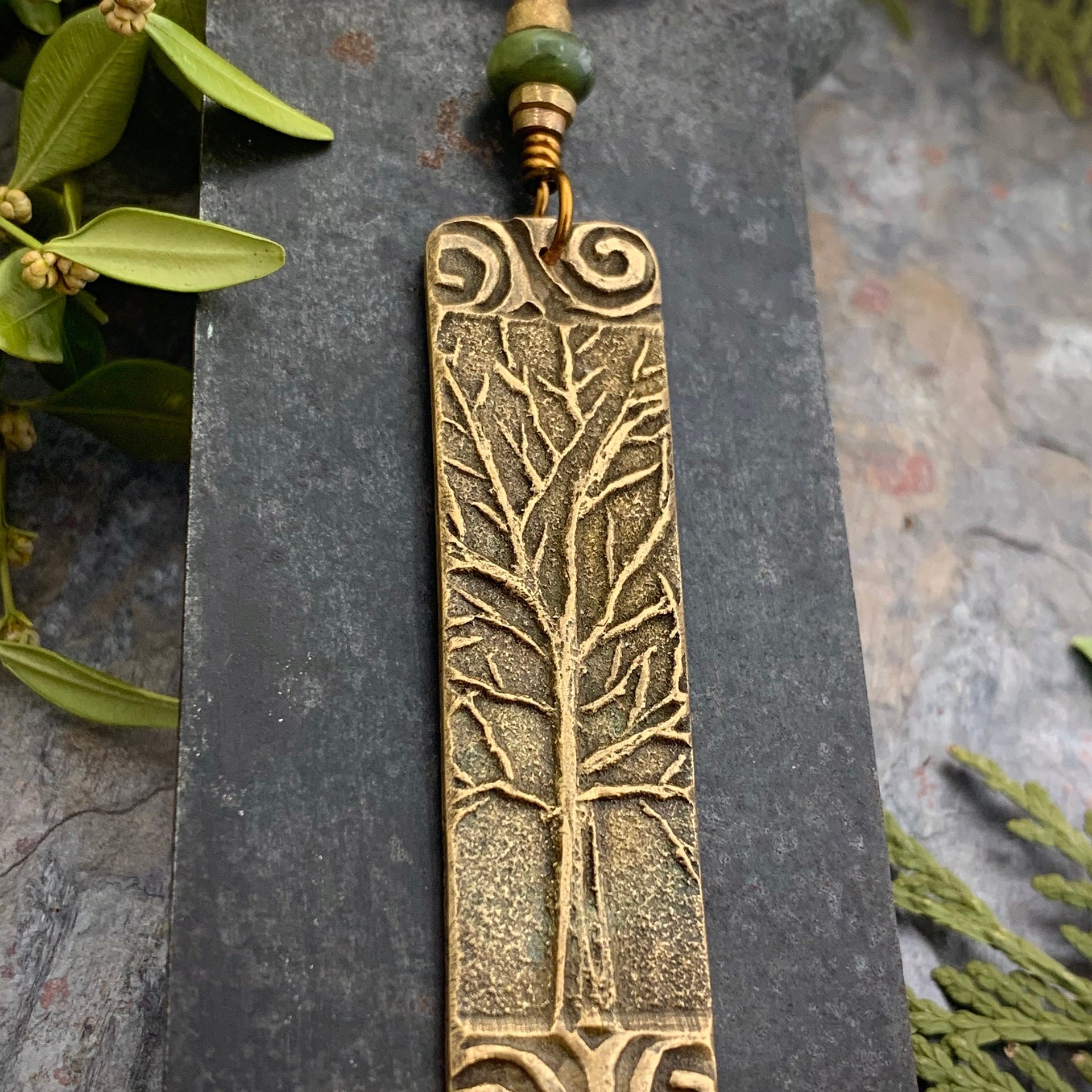 Tree of Life, Bronze Pendant, Connemara Marble, Irish Celtic Jewelry, Long Tree Necklace, Celtic Spirals, Hand Carved, Soul Harbor Jewelry