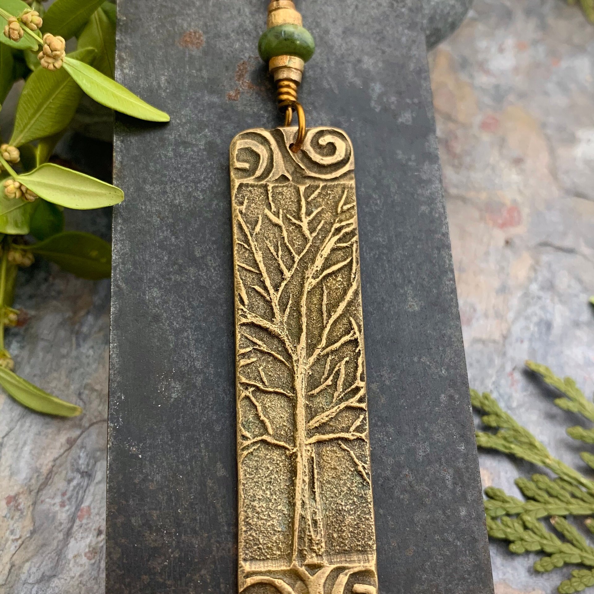 Tree of Life, Bronze Pendant, Connemara Marble, Irish Celtic Jewelry, Long Tree Necklace, Celtic Spirals, Hand Carved, Soul Harbor Jewelry