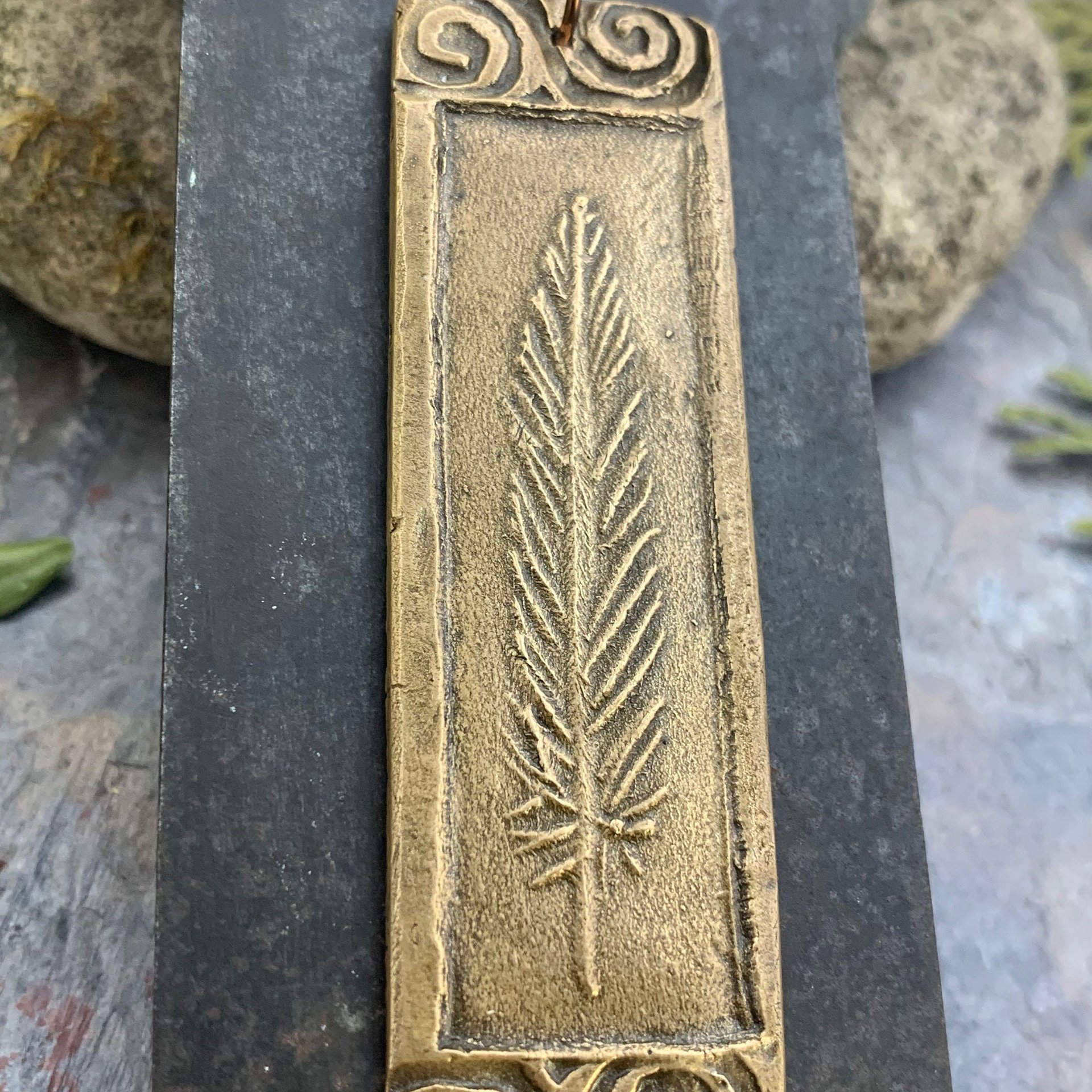 Bronze Feather Pendant, Connemara Marble, Celtic Spirals, Long Single Feather, Handmade, Art Jewelry, Long Necklace, Soul Harbor Jewelry