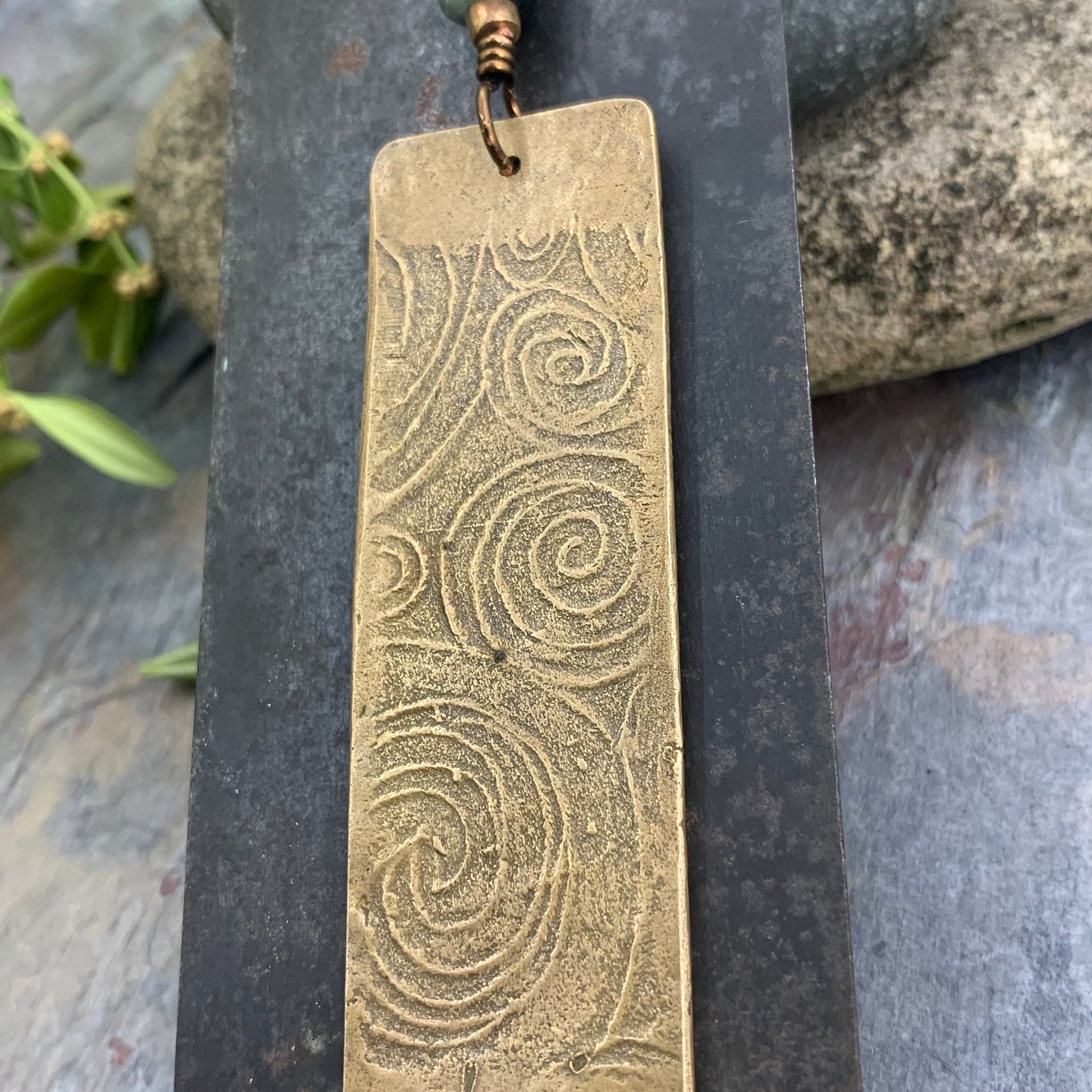 Bronze Feather Pendant, Connemara Marble, Celtic Spirals, Long Single Feather, Handmade, Art Jewelry, Long Necklace, Soul Harbor Jewelry