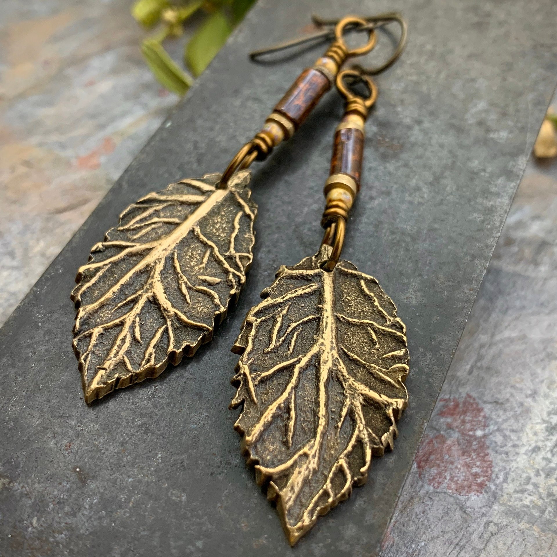 Birch Leaf Earrings, Bronze Leaves, Hand Carved Tree Branch, Czech Glass Beads, Pagan Wicca, Hypoallergenic Niobium, Soul Harbor Jewelry