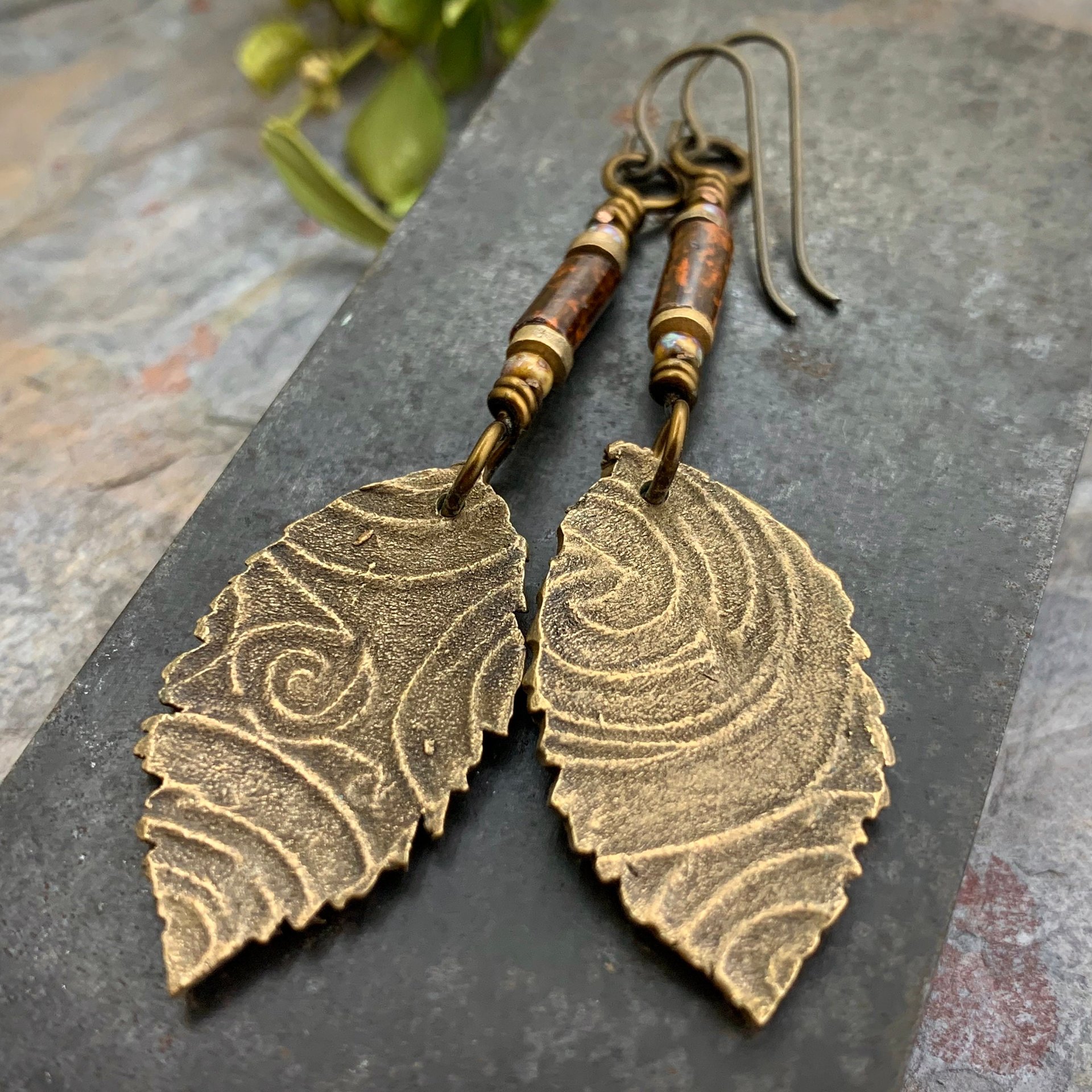Birch Leaf Earrings, Bronze Leaves, Hand Carved Tree Branch, Czech Glass Beads, Pagan Wicca, Hypoallergenic Niobium, Soul Harbor Jewelry