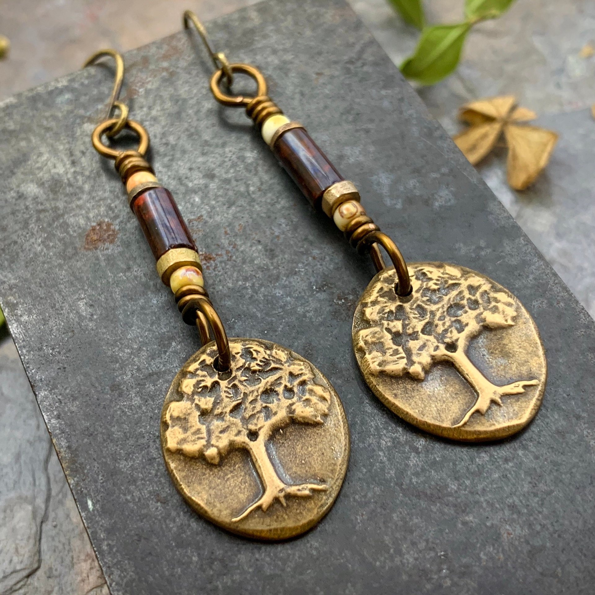 Tree of Life, Bronze Earrings, Czech Glass Beads, Hypoallergenic Ear Wires, Handmade, Art Jewelry, Wire Wrapped Beads, Oval Tree Dangles