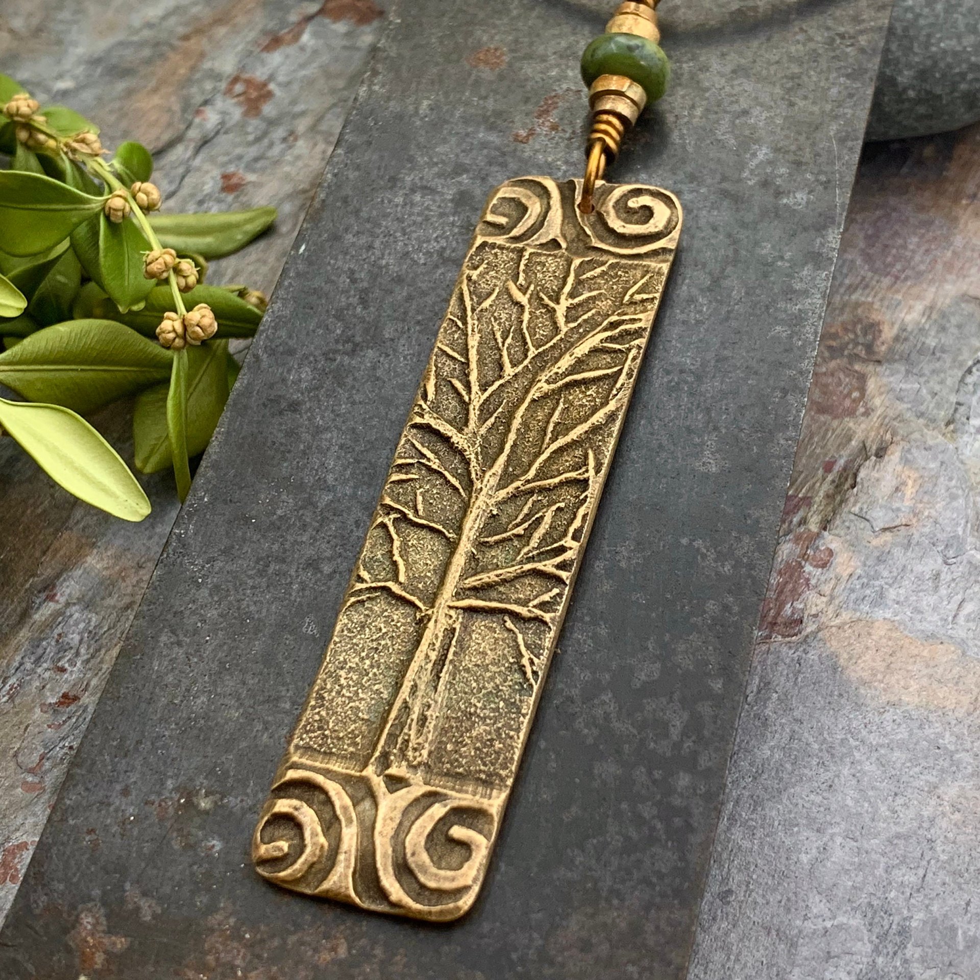 Tree of Life, Bronze Pendant, Connemara Marble, Irish Celtic Jewelry, Long Tree Necklace, Celtic Spirals, Hand Carved, Soul Harbor Jewelry