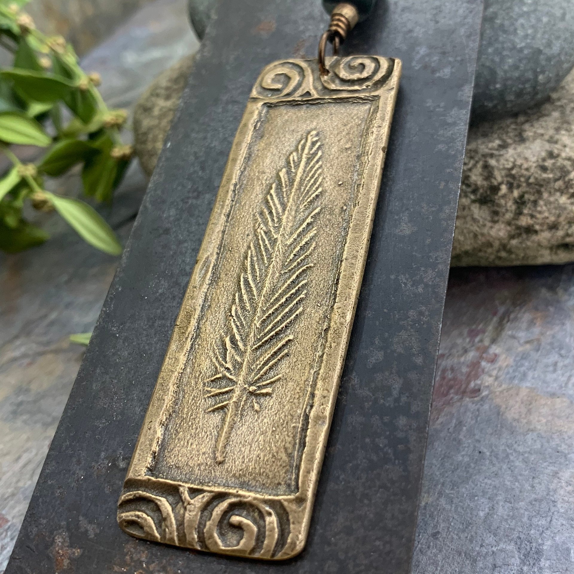 Bronze Feather Pendant, Connemara Marble, Celtic Spirals, Long Single Feather, Handmade, Art Jewelry, Long Necklace, Soul Harbor Jewelry