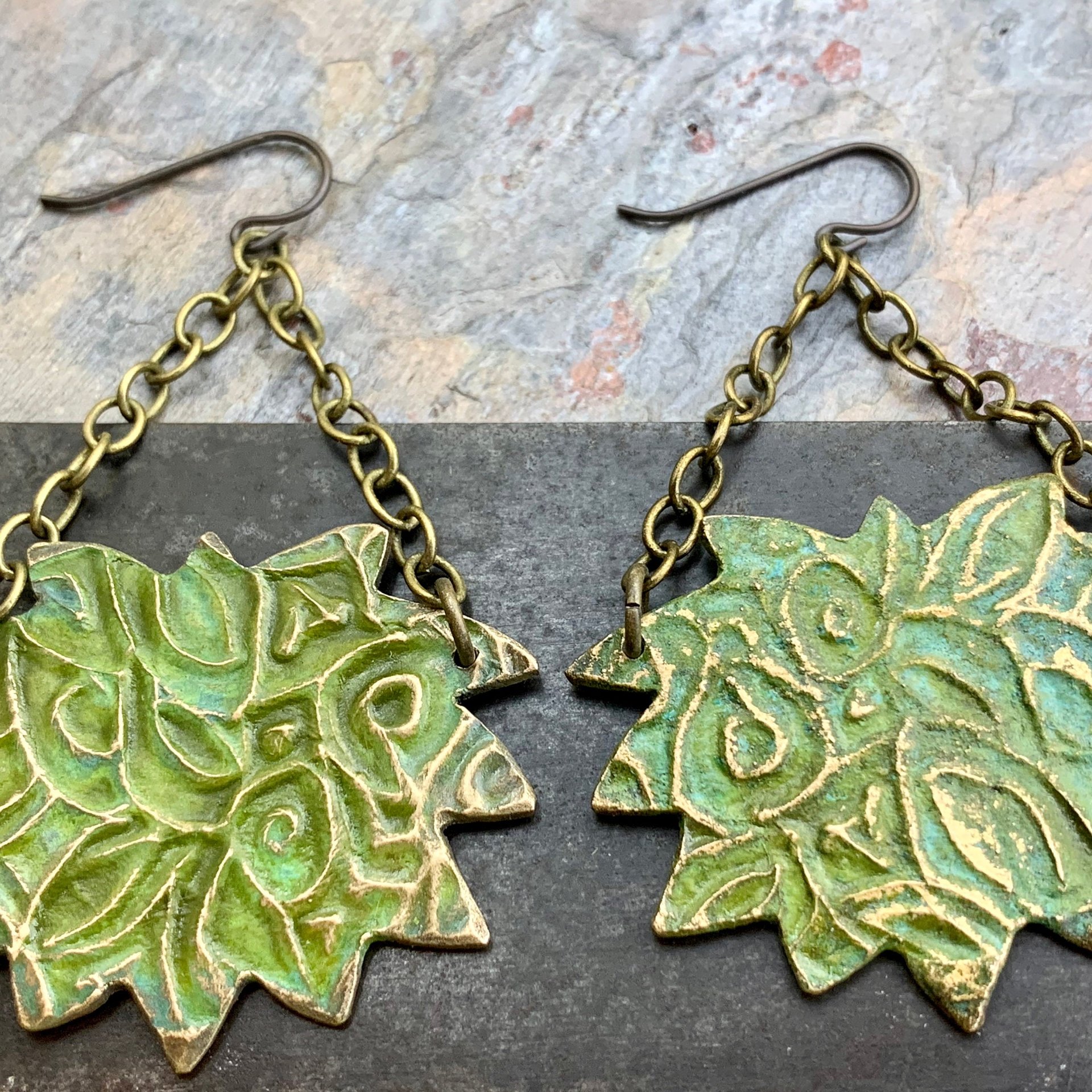 Lotus & Chain Earrings, Bronze Verdigris Patina, Large Statement Earrings, Hand Carved, Hypoallergenic Ear Wires, Handmade Art Jewelry