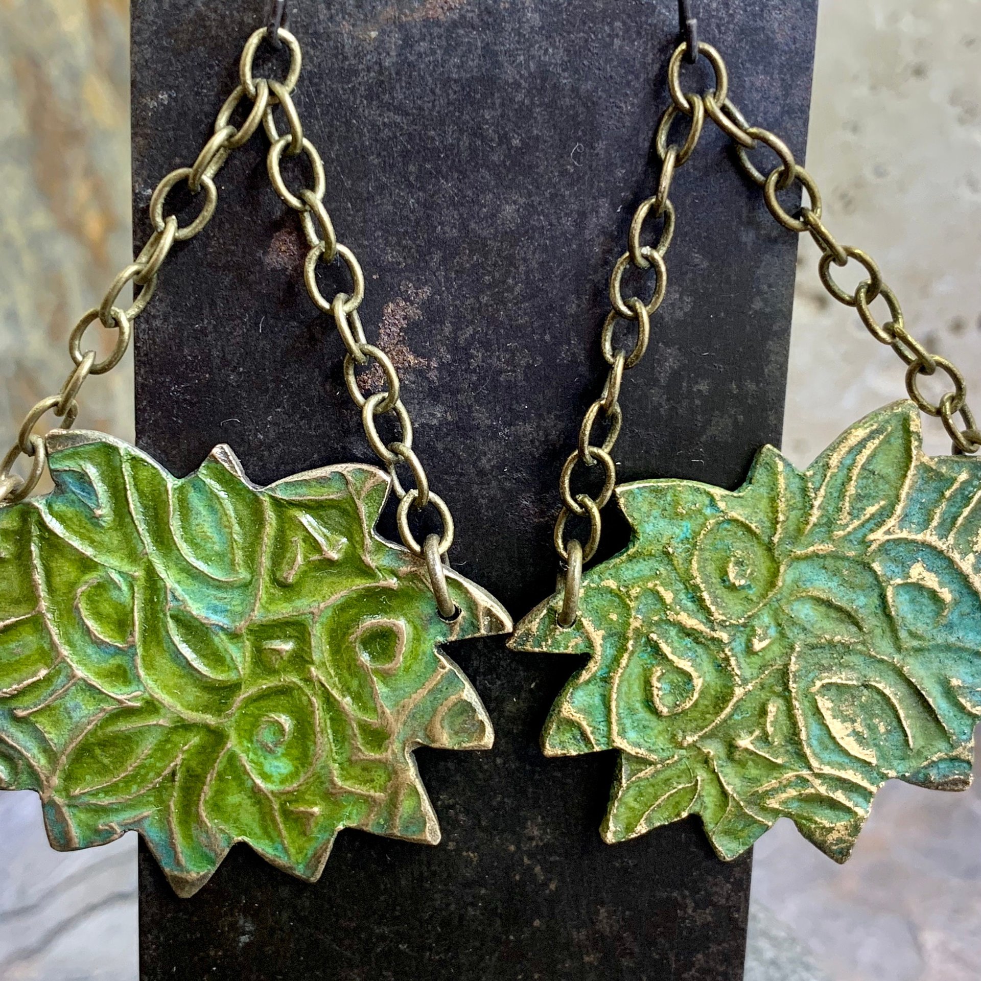 Lotus & Chain Earrings, Bronze Verdigris Patina, Large Statement Earrings, Hand Carved, Hypoallergenic Ear Wires, Handmade Art Jewelry