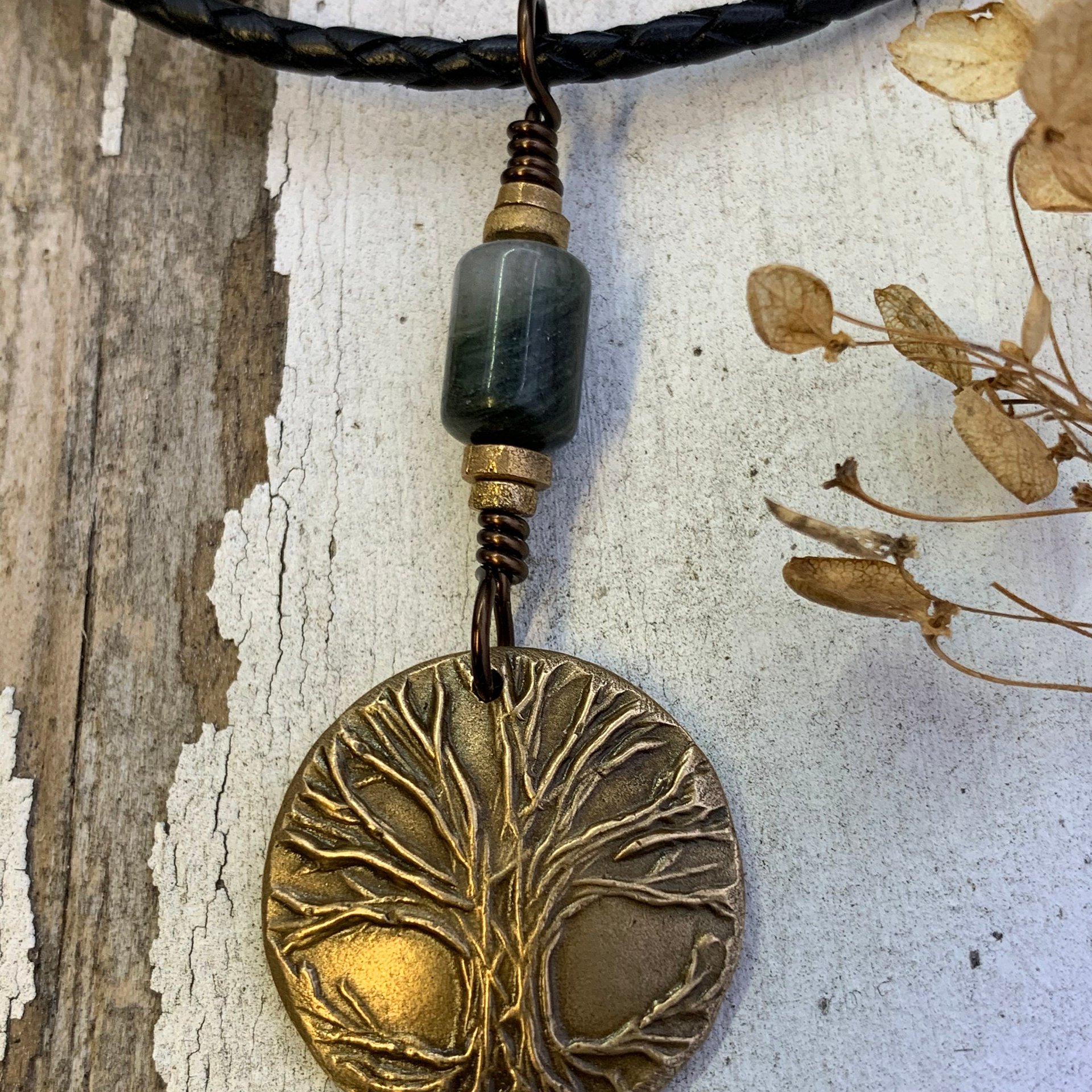 Celtic Tree of Life Charm, Bronze Pendant, Connemara Marble, Irish Celtic Jewelry, Hand Carved Art, Crann Bethadh, Leather & Vegan Cords