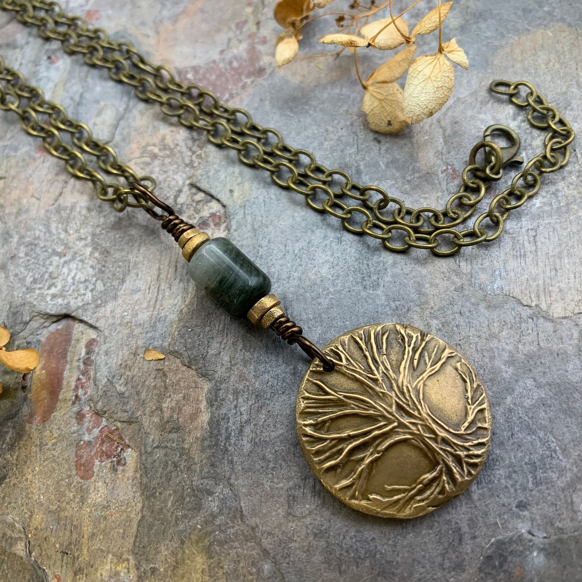 Celtic Tree of Life Charm, Bronze Pendant, Connemara Marble, Irish Celtic Jewelry, Hand Carved Art, Crann Bethadh, Leather & Vegan Cords