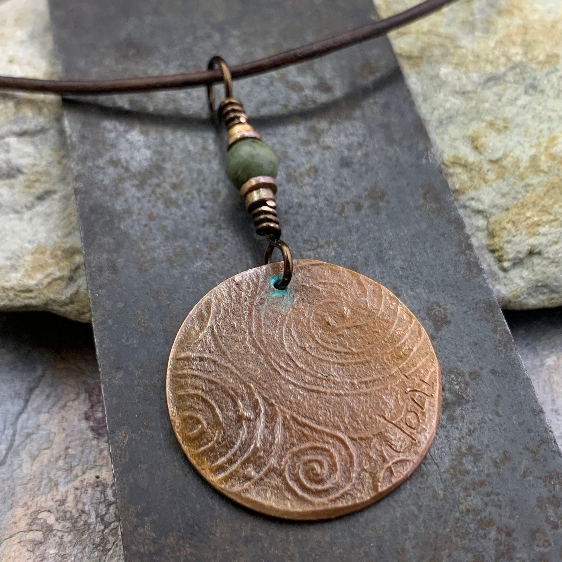Triskele Copper Pendant, Verdigris Patina, Hand Carved, Connemara Marble, Triskelion Triple Spiral, Irish Celtic Pagan, Newgrange Ireland