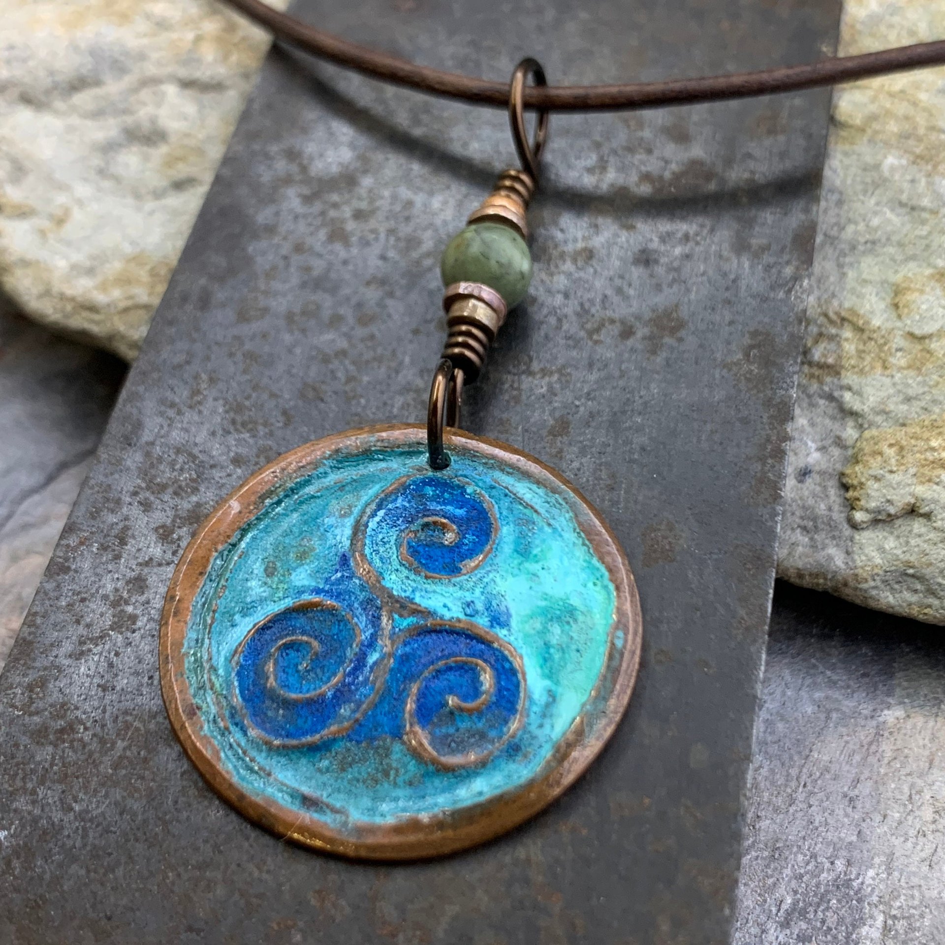 Triskele Copper Pendant, Verdigris Patina, Hand Carved, Connemara Marble, Triskelion Triple Spiral, Irish Celtic Pagan, Newgrange Ireland