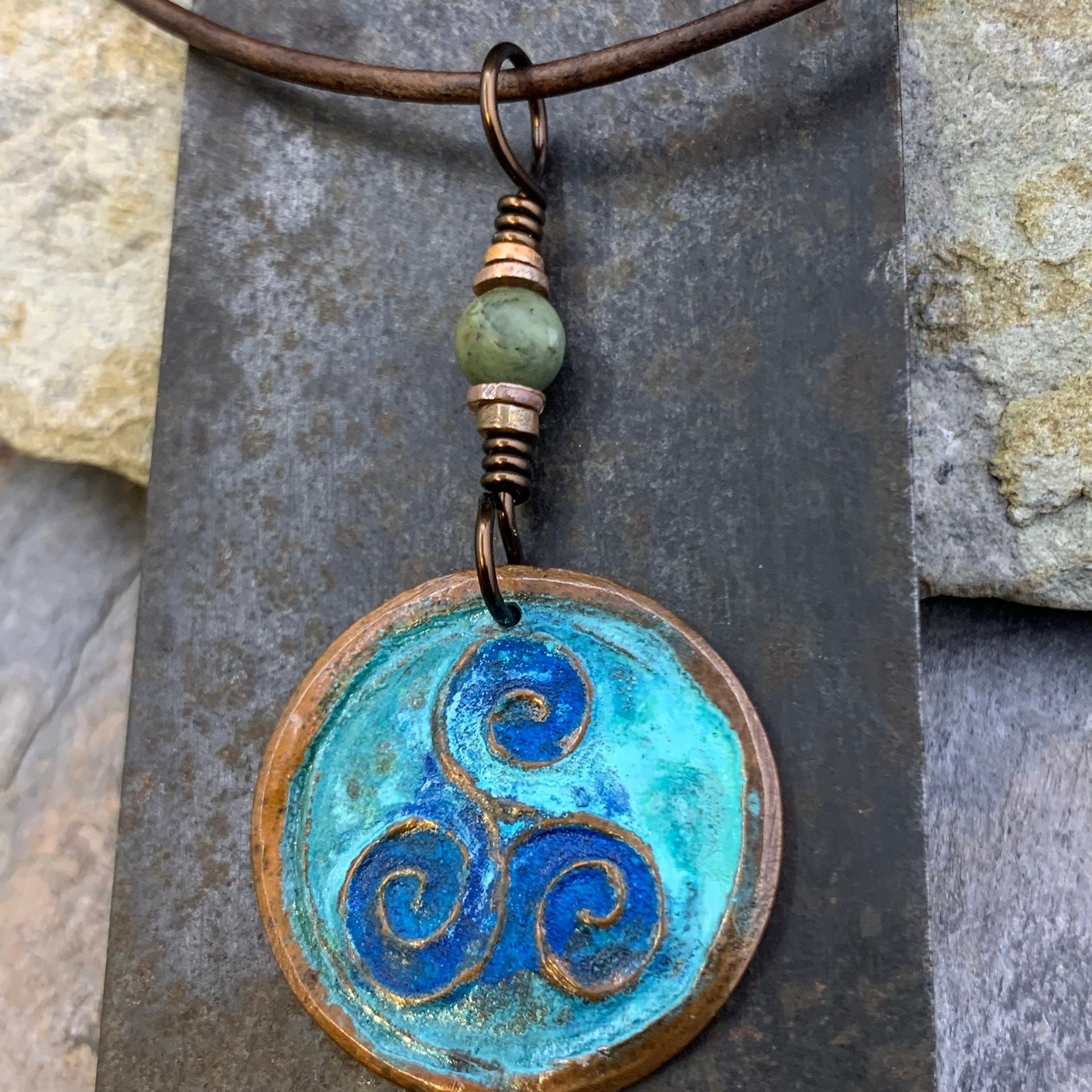 Triskele Copper Pendant, Verdigris Patina, Hand Carved, Connemara Marble, Triskelion Triple Spiral, Irish Celtic Pagan, Newgrange Ireland