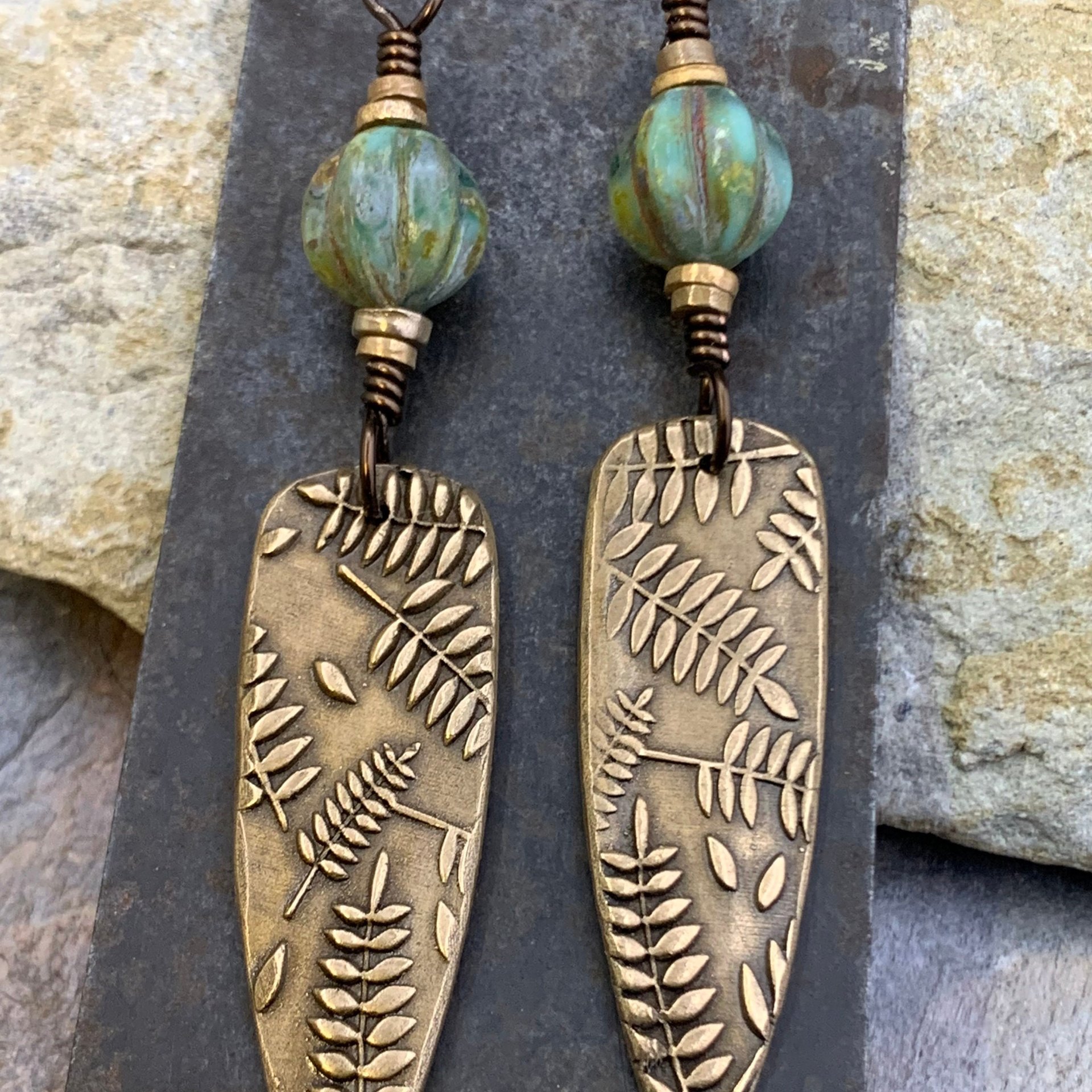 Fern Earrings, Bronze Shield Earrings, Teardrop Dangle, Botanical, Earthy Jewelry, Green Witch, Czech Glass Beads, Statement Earrings