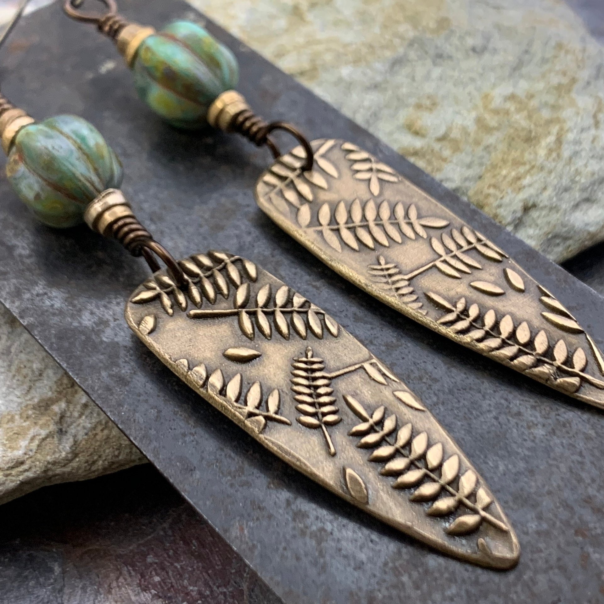 Fern Earrings, Bronze Shield Earrings, Teardrop Dangle, Botanical, Earthy Jewelry, Green Witch, Czech Glass Beads, Statement Earrings