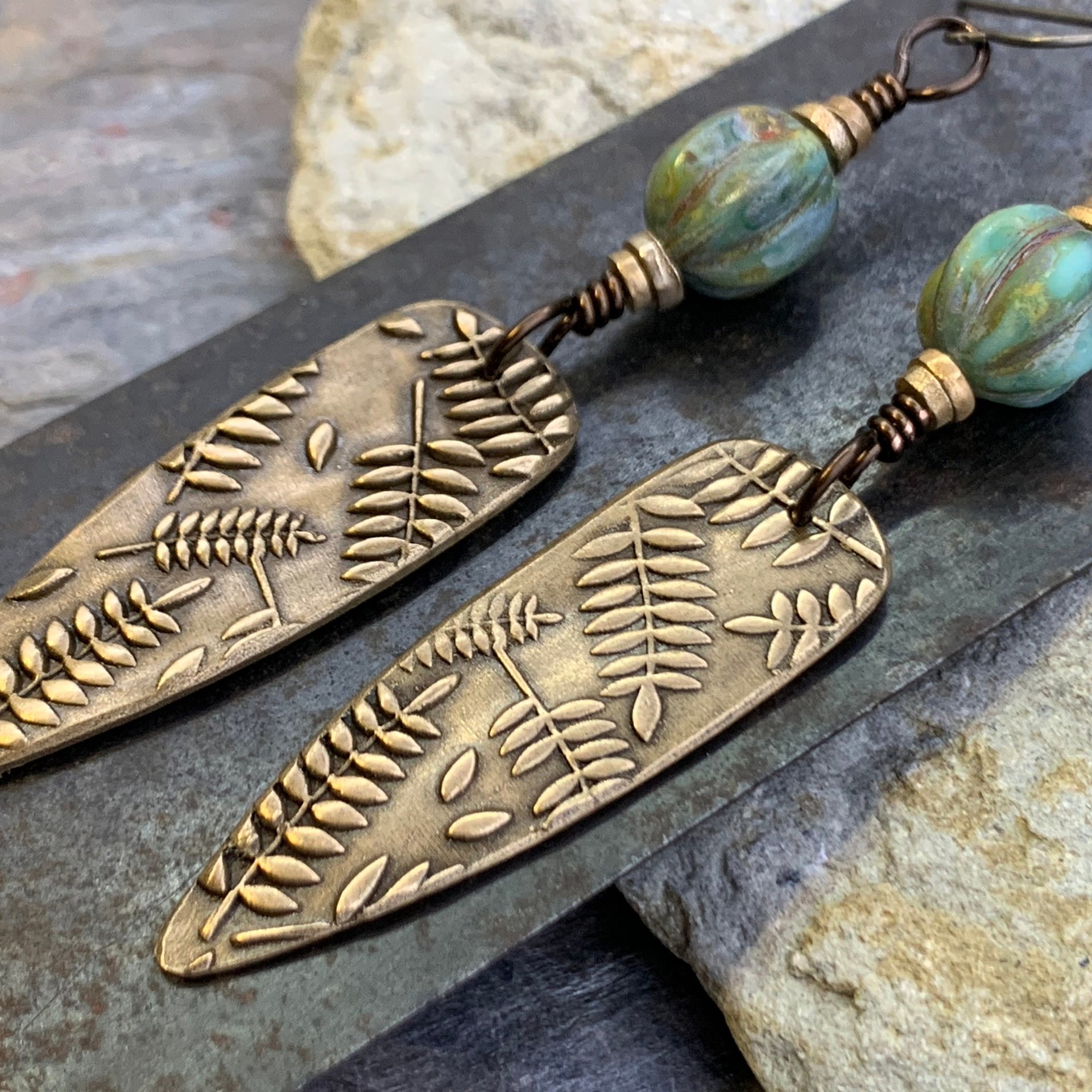 Fern Earrings, Bronze Shield Earrings, Teardrop Dangle, Botanical, Earthy Jewelry, Green Witch, Czech Glass Beads, Statement Earrings