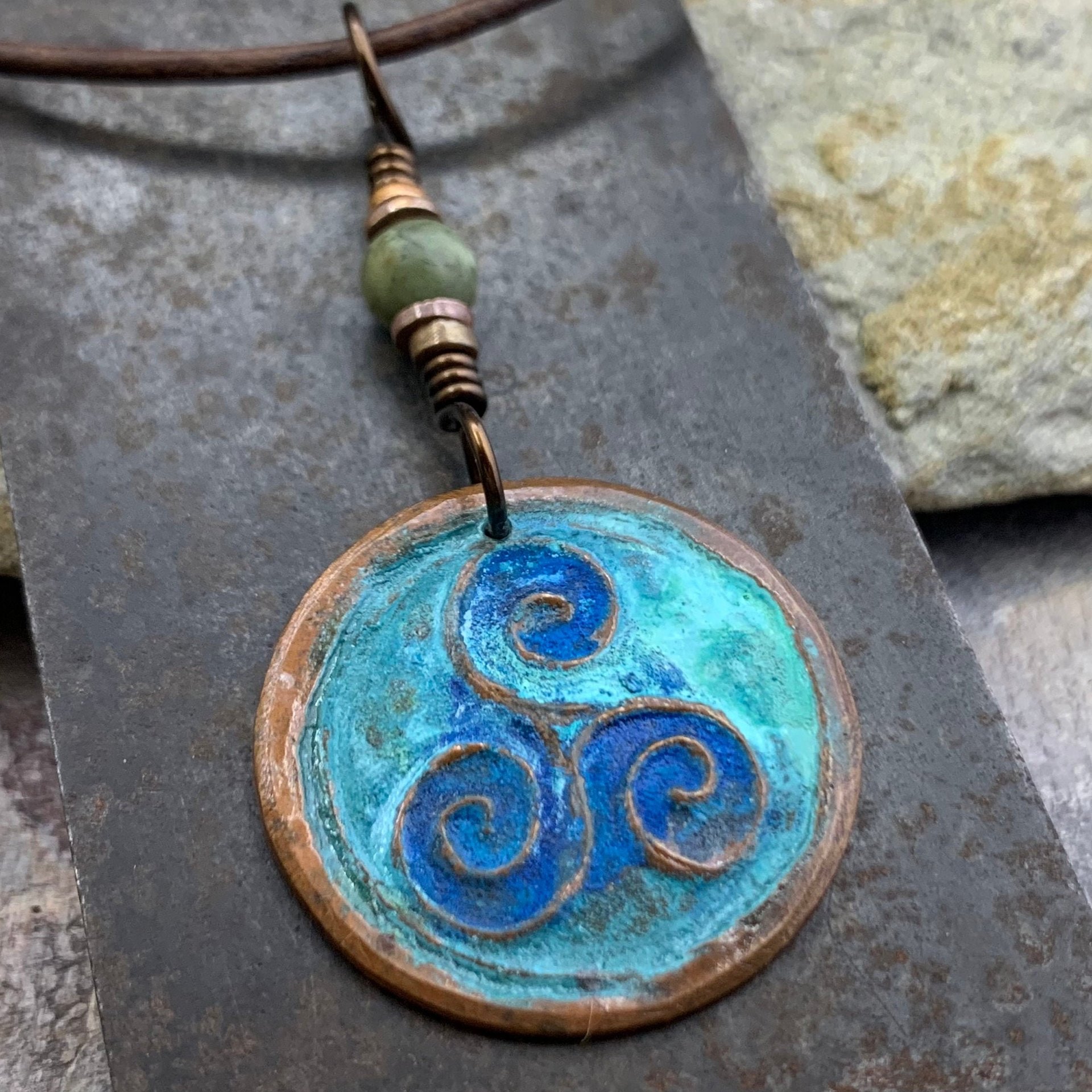 Triskele Copper Pendant, Verdigris Patina, Hand Carved, Connemara Marble, Triskelion Triple Spiral, Irish Celtic Pagan, Newgrange Ireland