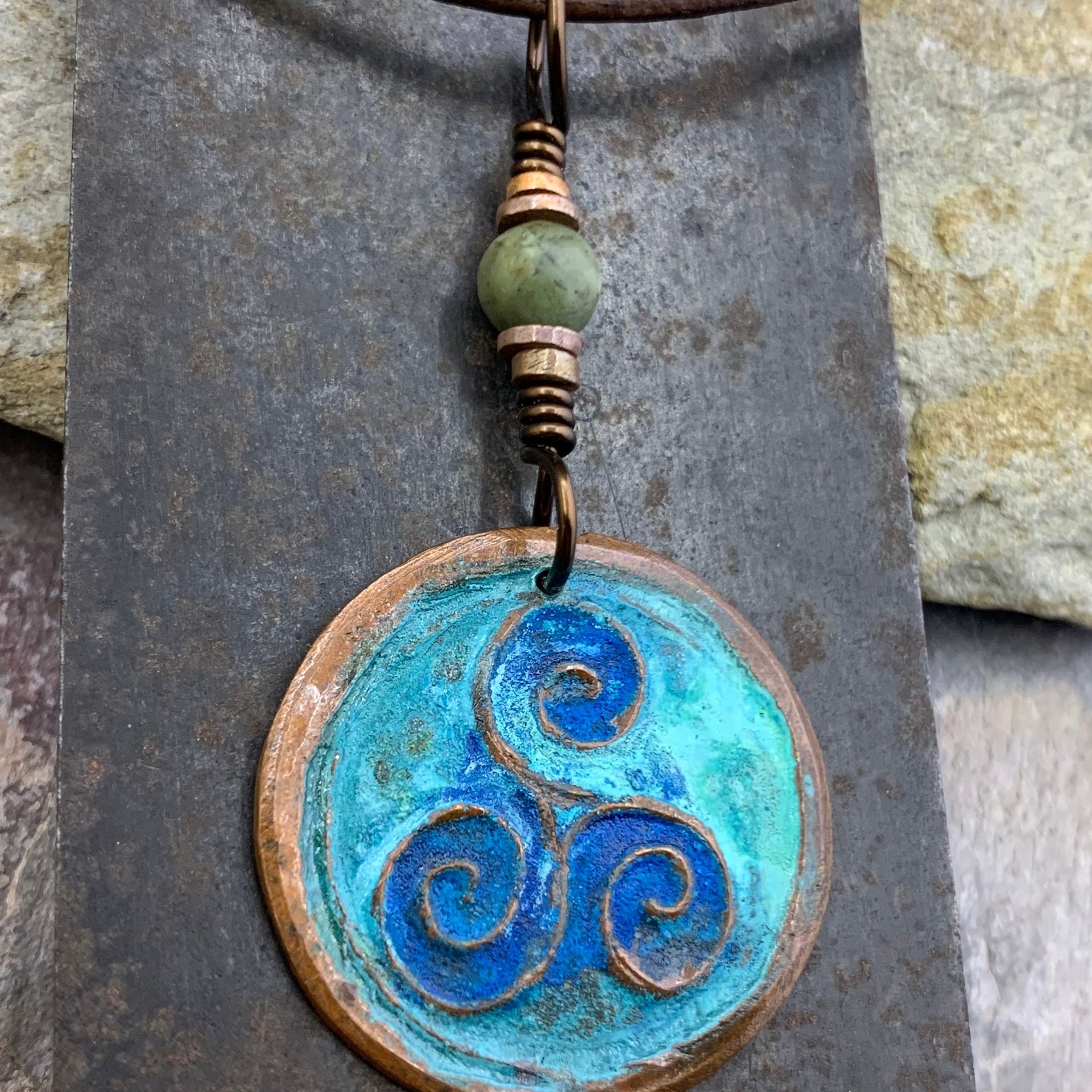 Triskele Copper Pendant, Verdigris Patina, Hand Carved, Connemara Marble, Triskelion Triple Spiral, Irish Celtic Pagan, Newgrange Ireland