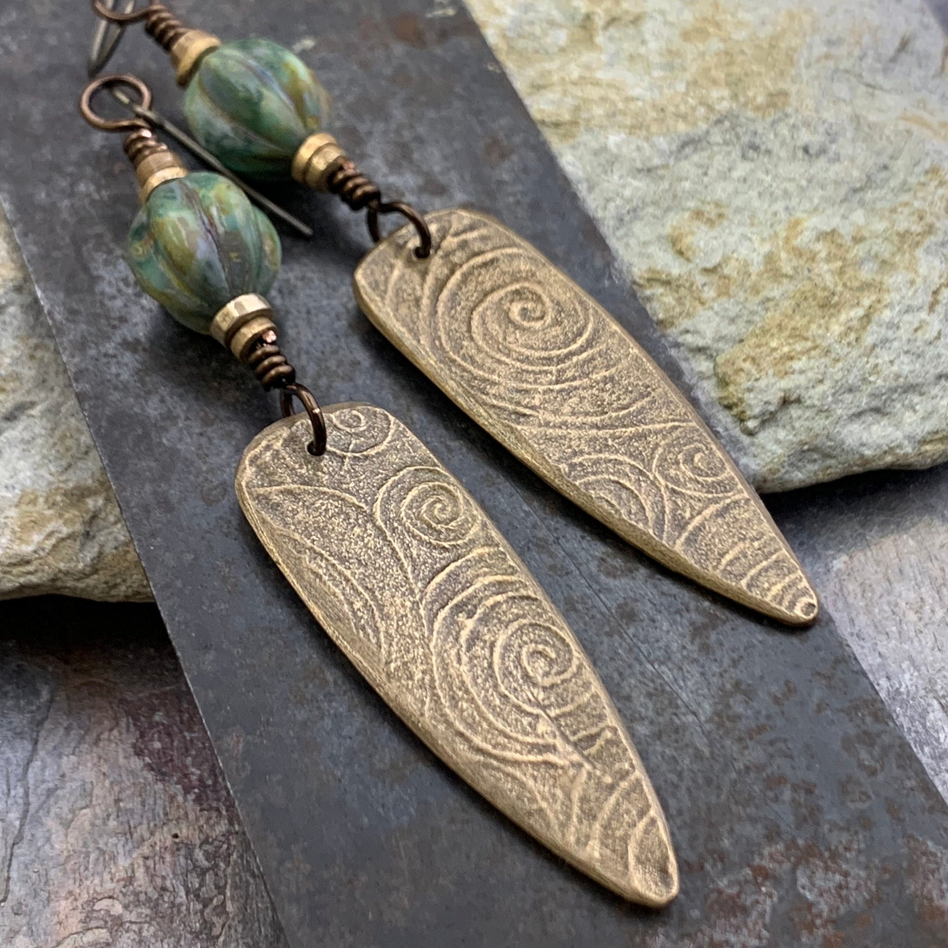 Fern Earrings, Bronze Shield Earrings, Teardrop Dangle, Botanical, Earthy Jewelry, Green Witch, Czech Glass Beads, Statement Earrings