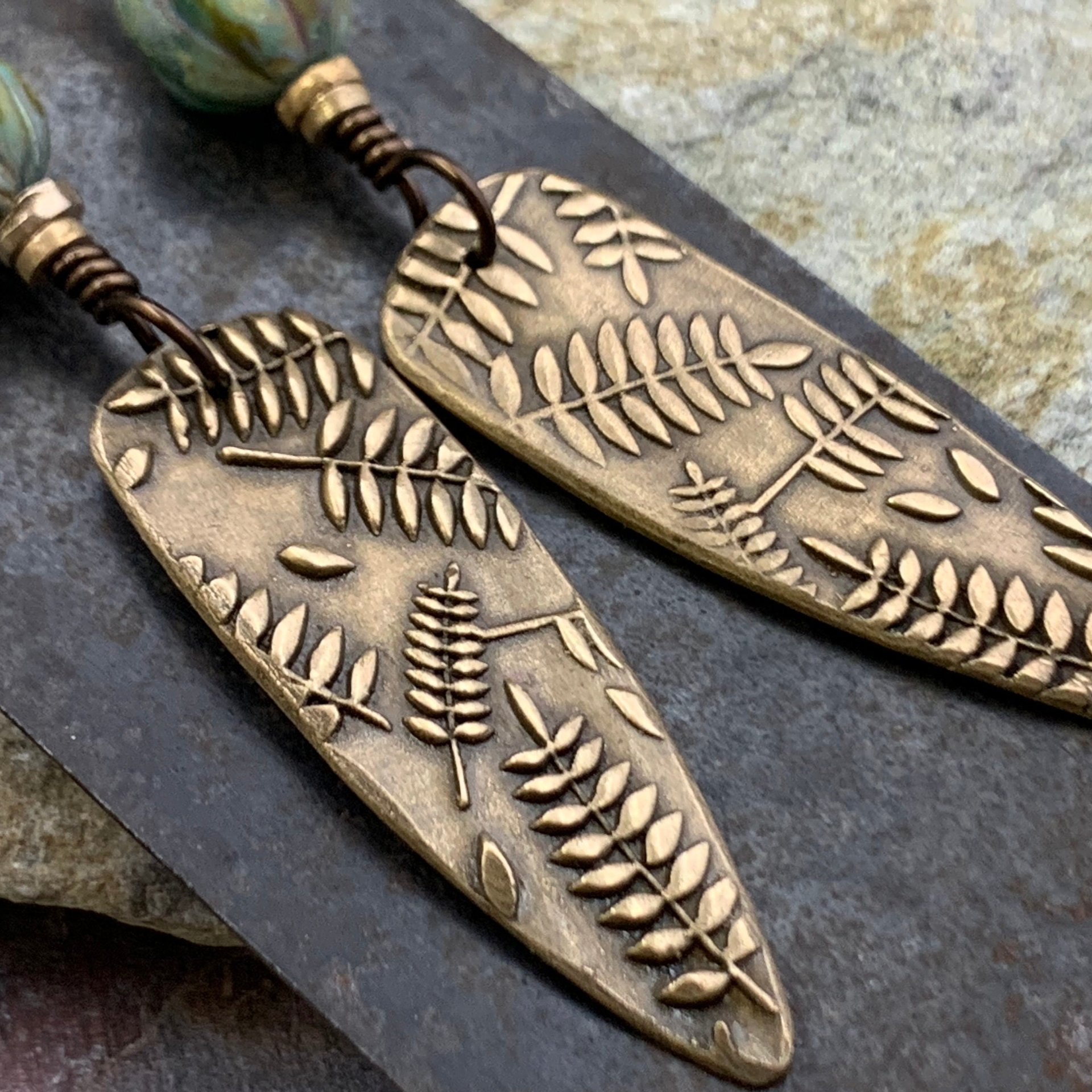 Fern Earrings, Bronze Shield Earrings, Teardrop Dangle, Botanical, Earthy Jewelry, Green Witch, Czech Glass Beads, Statement Earrings