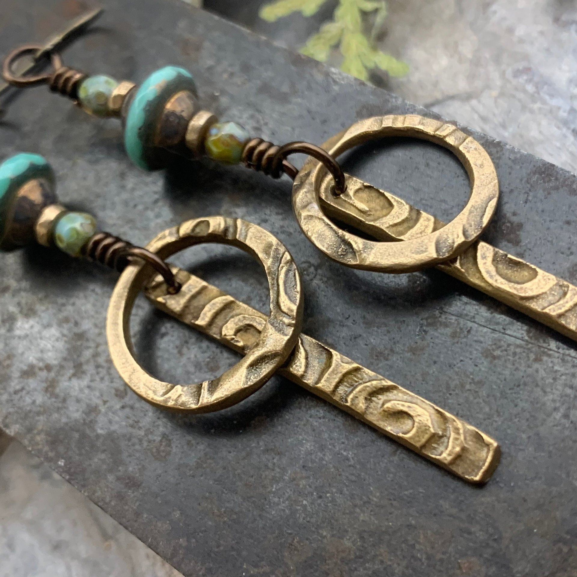 Bronze Hoop Earrings, Skinny Stick Earrings, Czech Glass Beads, Celtic Spirals, Bronze & Turquoise, Boho Earthy Art Jewelry, Handmade