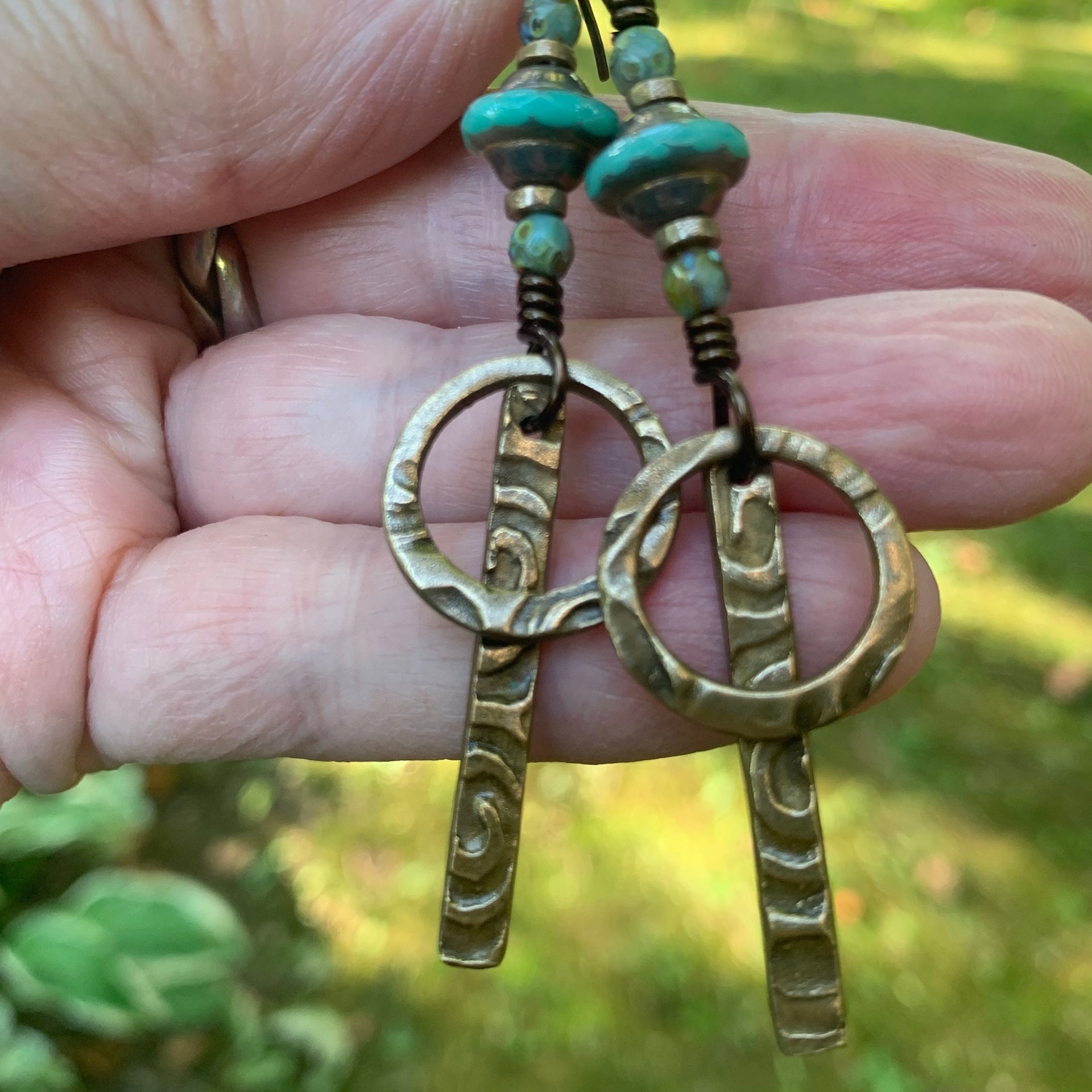 Bronze Hoop Earrings, Skinny Stick Earrings, Czech Glass Beads, Celtic Spirals, Bronze & Turquoise, Boho Earthy Art Jewelry, Handmade