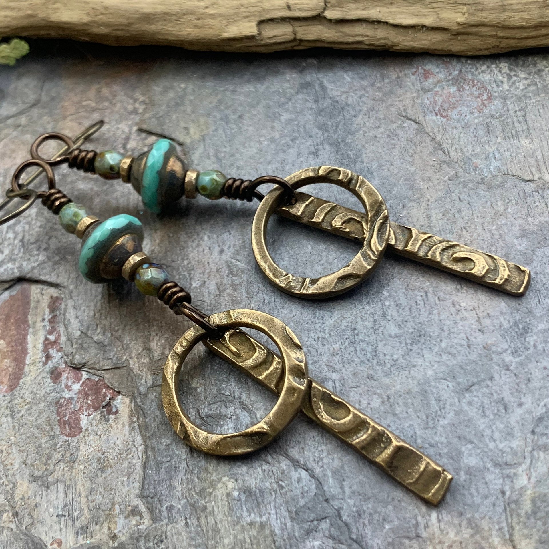 Bronze Hoop Earrings, Skinny Stick Earrings, Czech Glass Beads, Celtic Spirals, Bronze & Turquoise, Boho Earthy Art Jewelry, Handmade