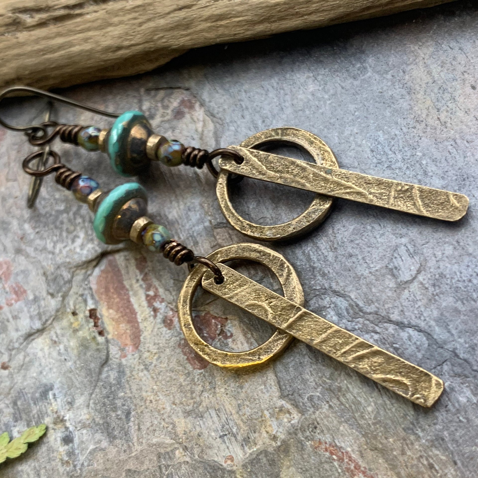 Bronze Hoop Earrings, Skinny Stick Earrings, Czech Glass Beads, Celtic Spirals, Bronze & Turquoise, Boho Earthy Art Jewelry, Handmade