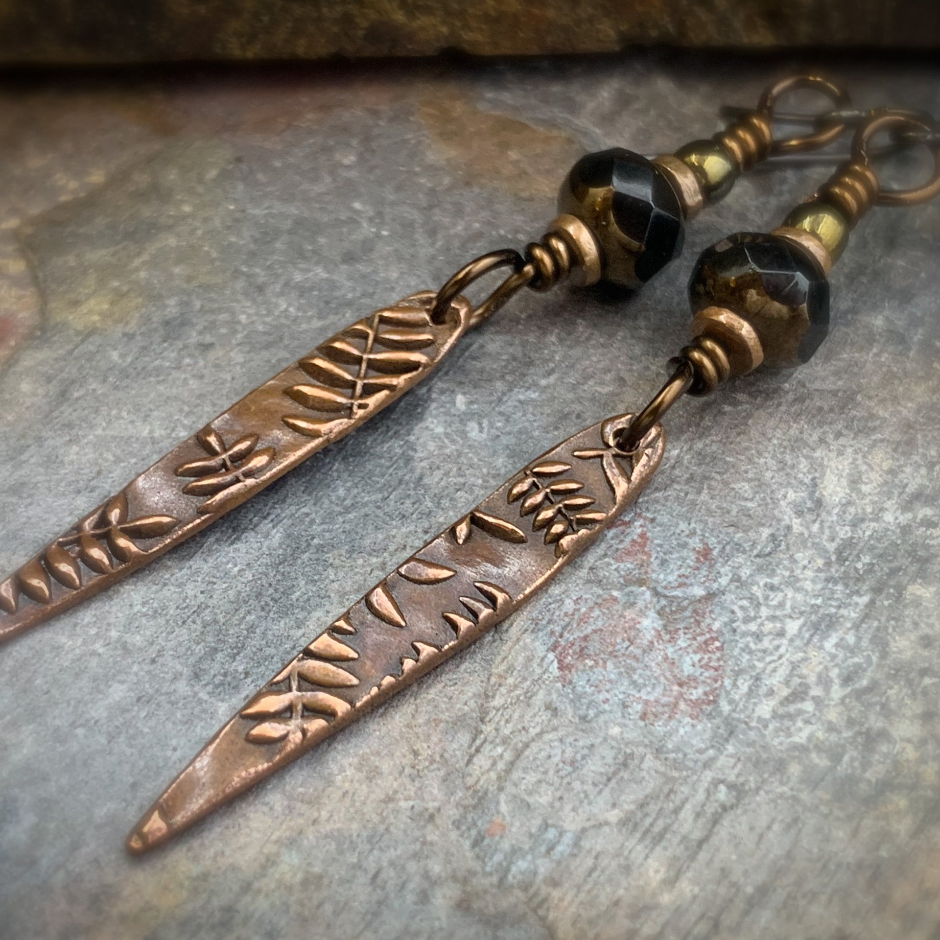 Fern Copper Earrings, Teardrop Dagger, Hypoallergenic Ear Wires, Black Czech Glass Beads, Botanical Jewelry, Light Earrings, Green Witch
