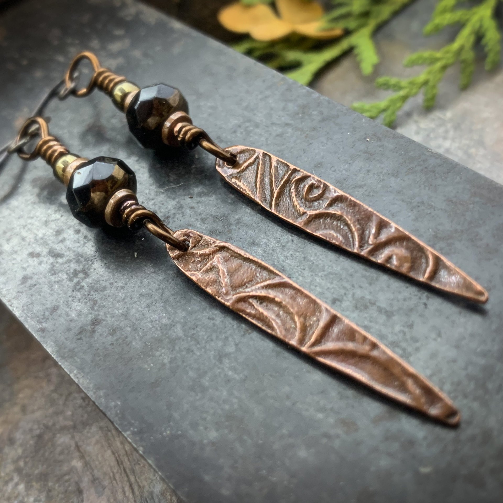 Fern Copper Earrings, Teardrop Dagger, Hypoallergenic Ear Wires, Black Czech Glass Beads, Botanical Jewelry, Light Earrings, Green Witch