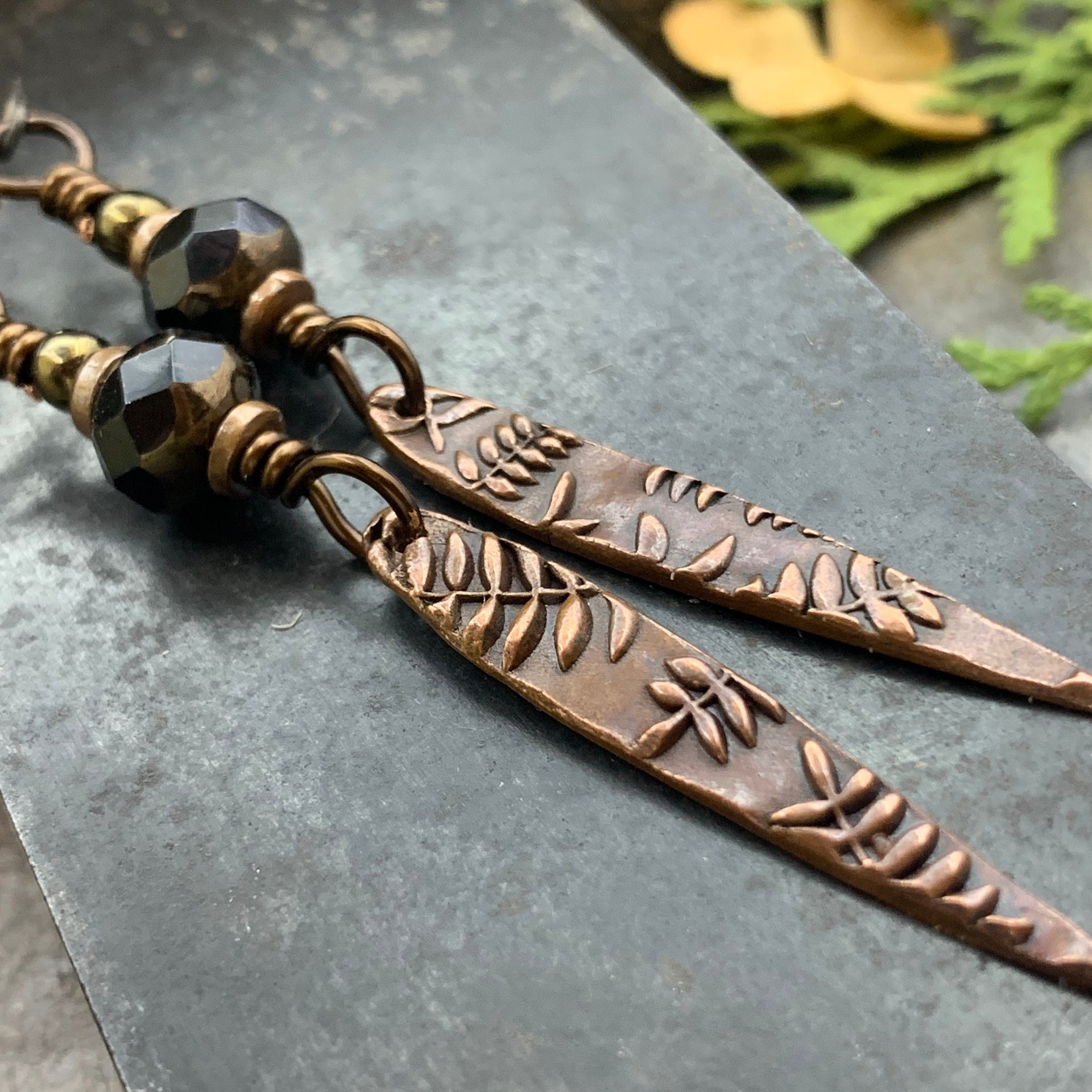 Fern Copper Earrings, Teardrop Dagger, Hypoallergenic Ear Wires, Black Czech Glass Beads, Botanical Jewelry, Light Earrings, Green Witch