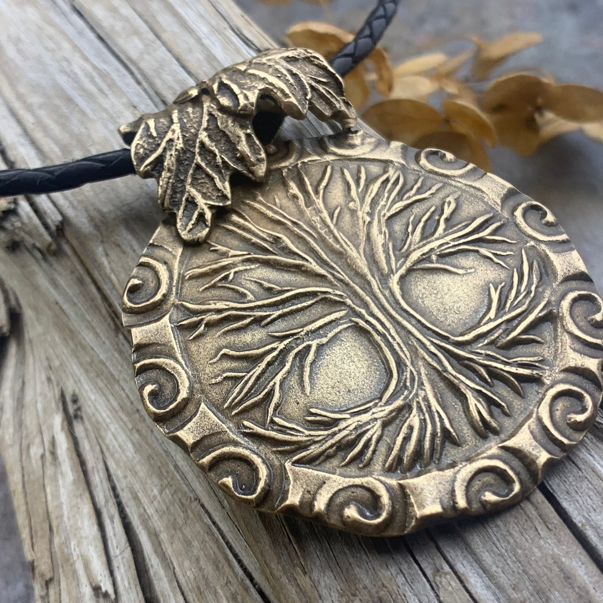 Celtic Tree of Life, Bronze Pendant, Irish Celtic Spirals, Round Tree of Life, Crann Bethadh, Hand Carved, Green Witch, Leather & Vegan Cord