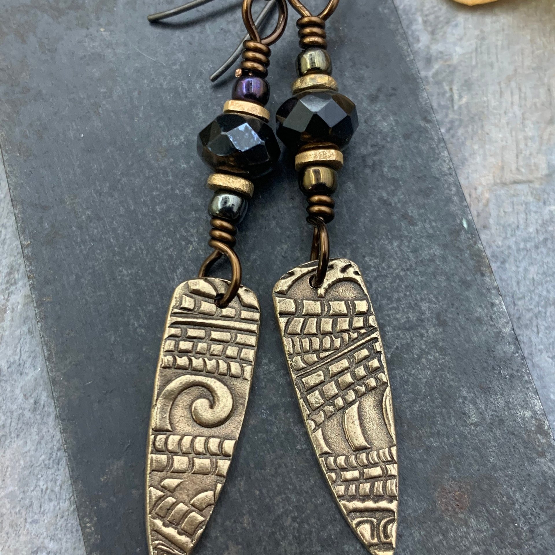 Bronze Dagger Earrings, Tribal Spiral Texture, Czech Glass Beads, Hypoallergenic Ear Wires, Light Dangle Earrings, Teardrop Shield, Handmade