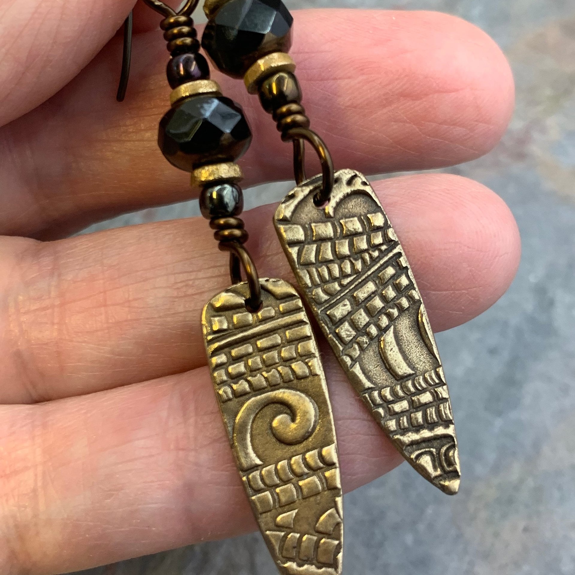 Bronze Dagger Earrings, Tribal Spiral Texture, Czech Glass Beads, Hypoallergenic Ear Wires, Light Dangle Earrings, Teardrop Shield, Handmade