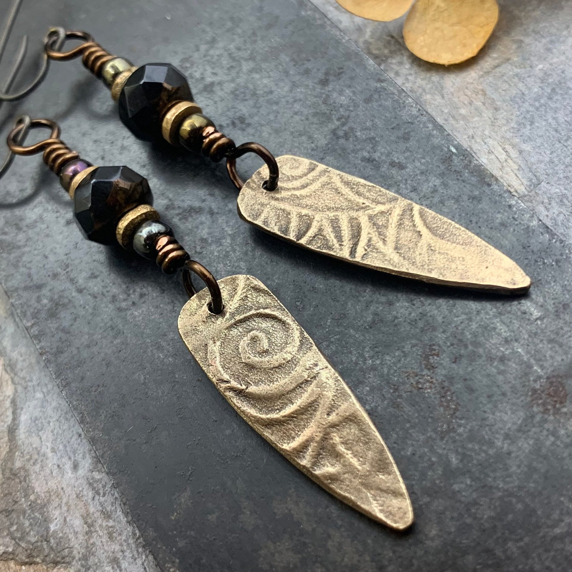 Bronze Dagger Earrings, Tribal Spiral Texture, Czech Glass Beads, Hypoallergenic Ear Wires, Light Dangle Earrings, Teardrop Shield, Handmade