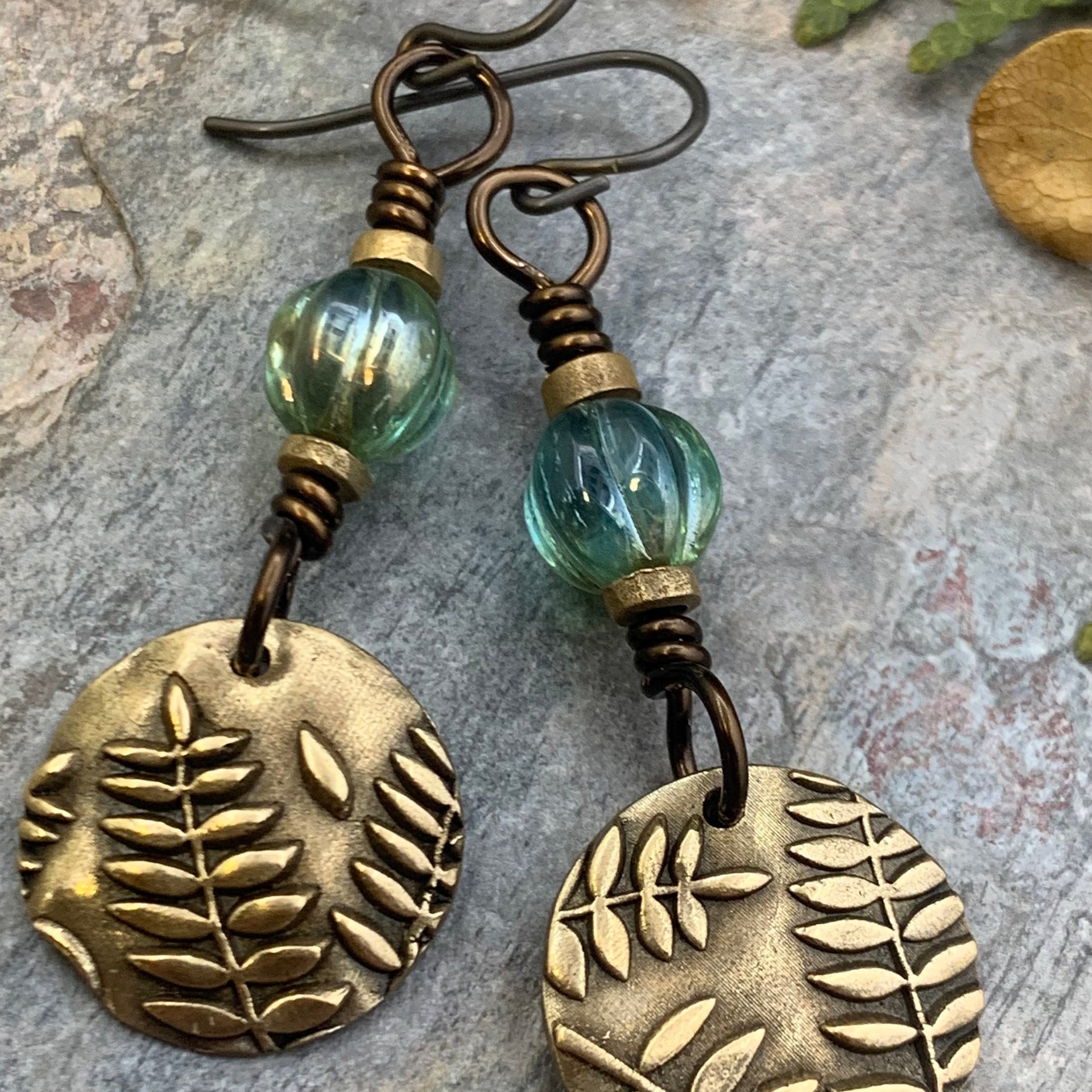 Fern Bronze Earrings, Light Dangle Earrings, Earthy Czech Glass Beads, Hypoallergenic Ear Wires, Botanical Green Witch, Soul Harbor Jewelry