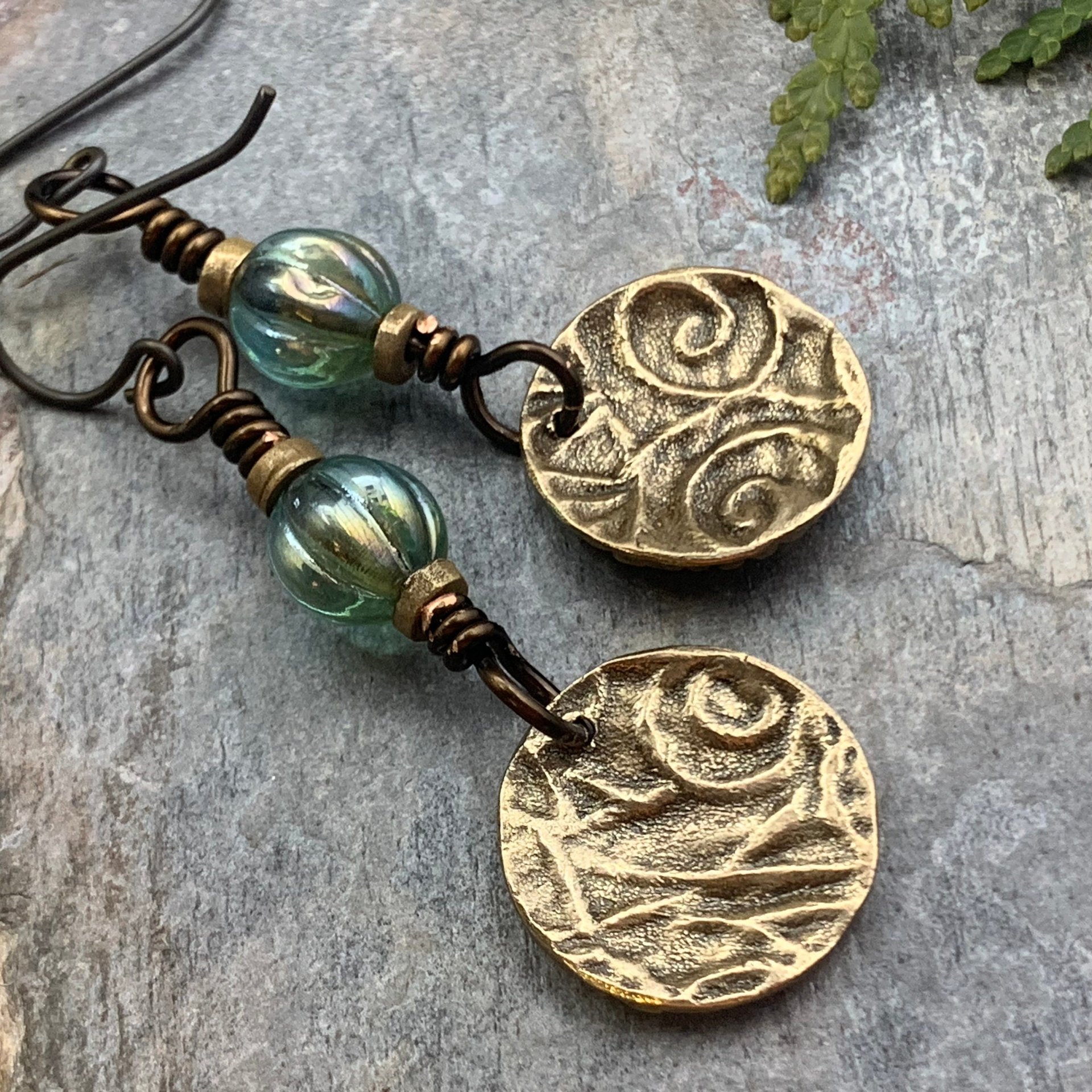 Fern Bronze Earrings, Light Dangle Earrings, Earthy Czech Glass Beads, Hypoallergenic Ear Wires, Botanical Green Witch, Soul Harbor Jewelry